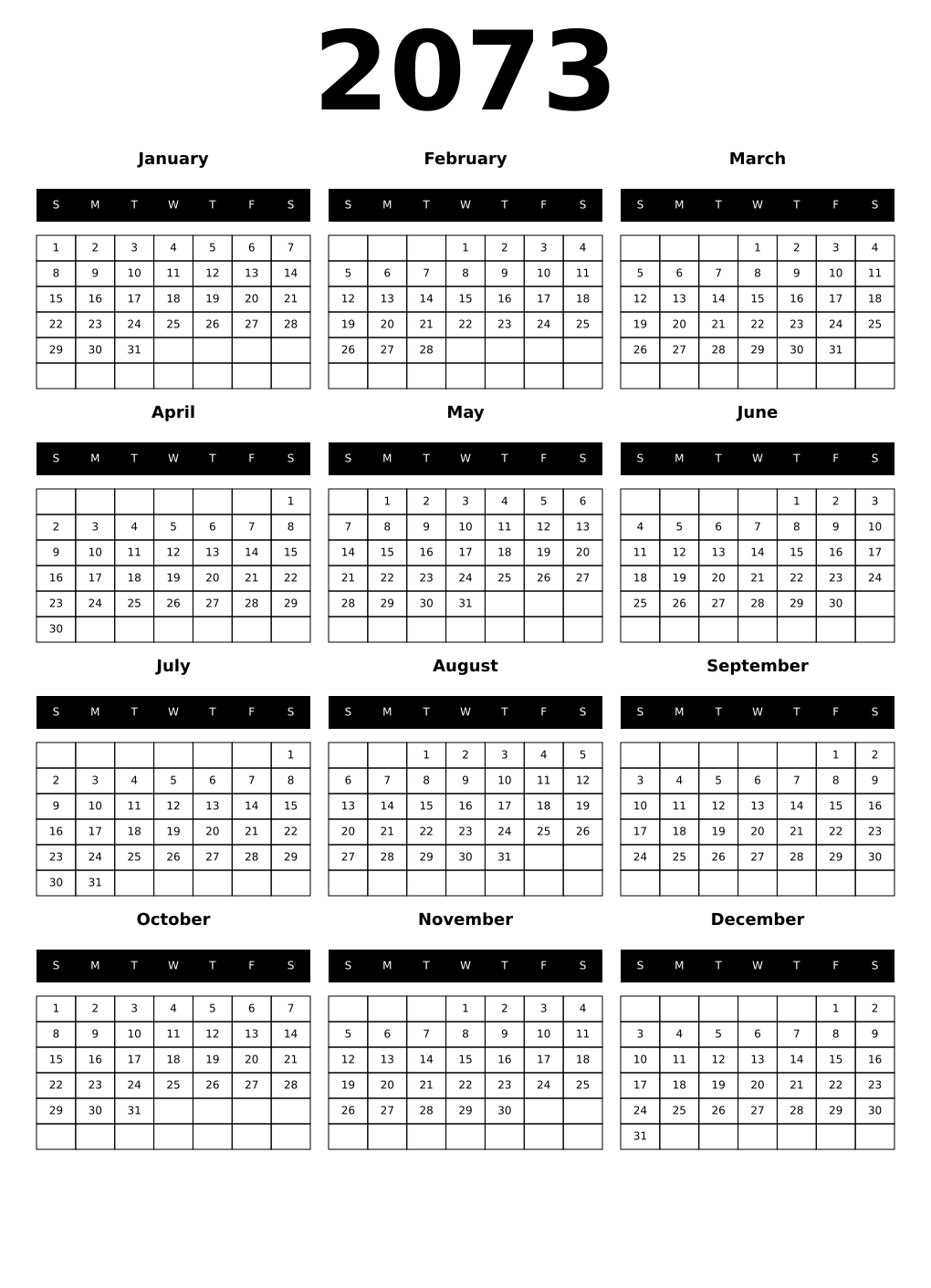 Printable 2073 Year Calendars black