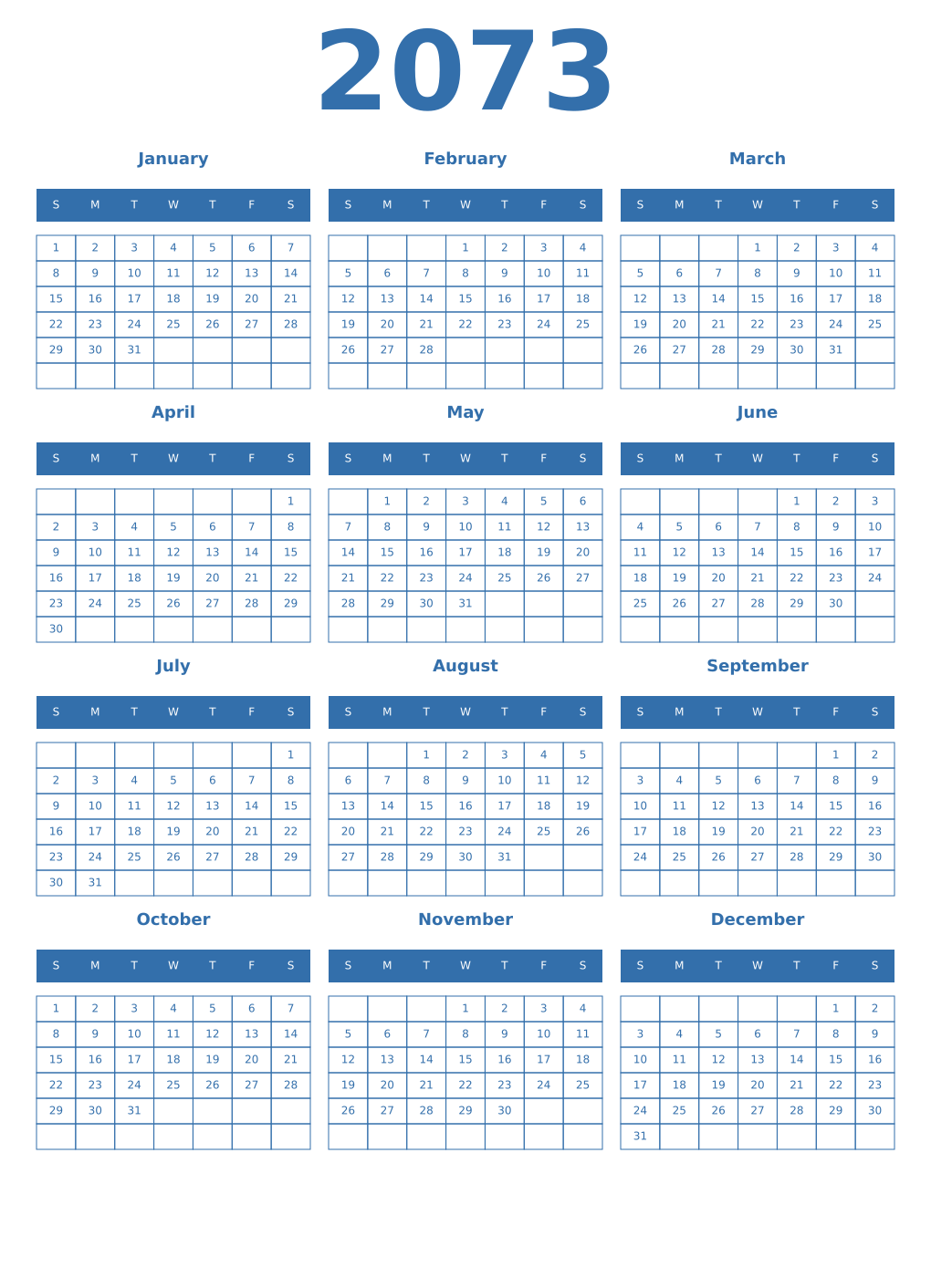 Printable 2073 Year Calendars blue