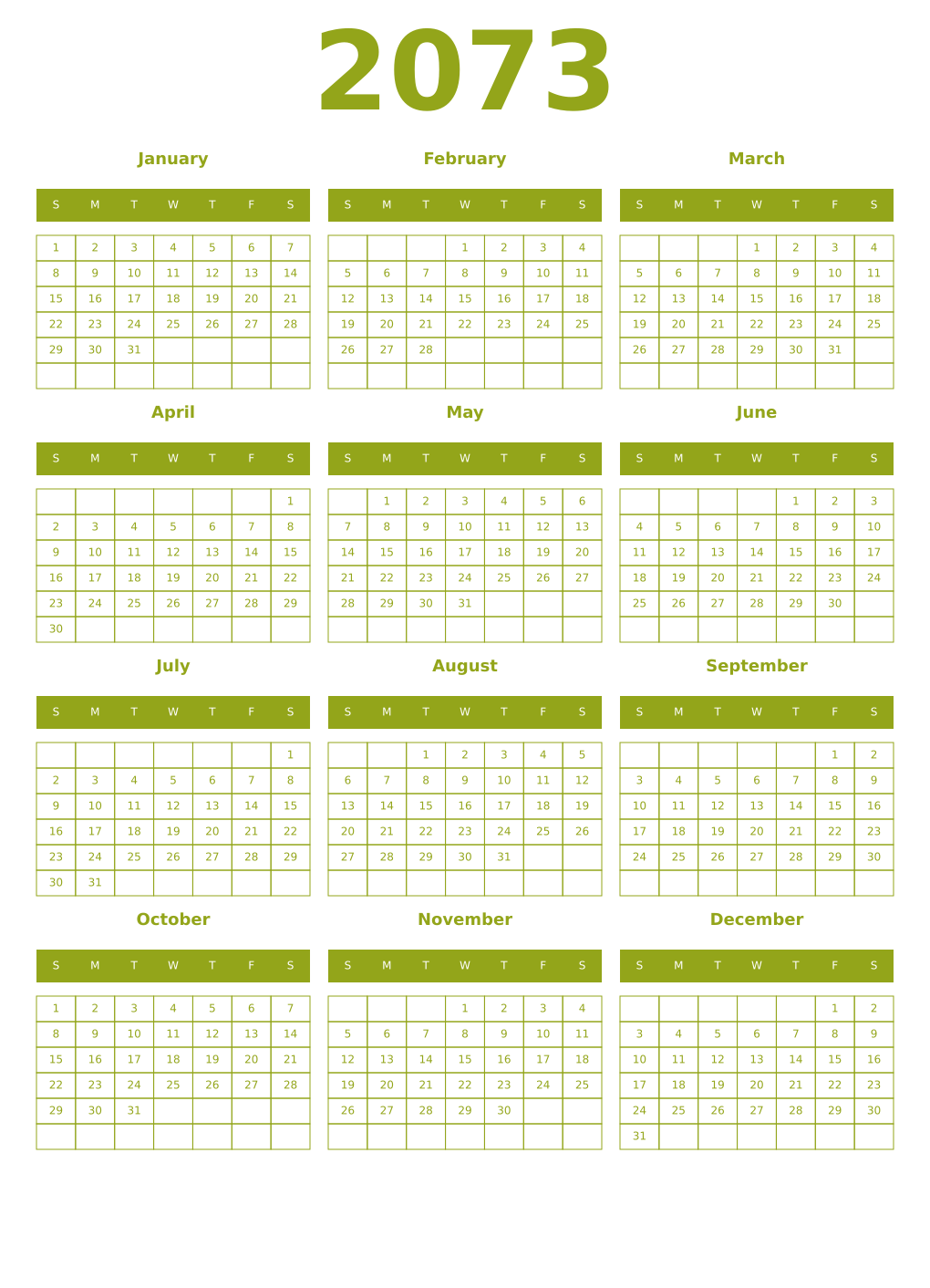 Printable 2073 Year Calendars chartreuse