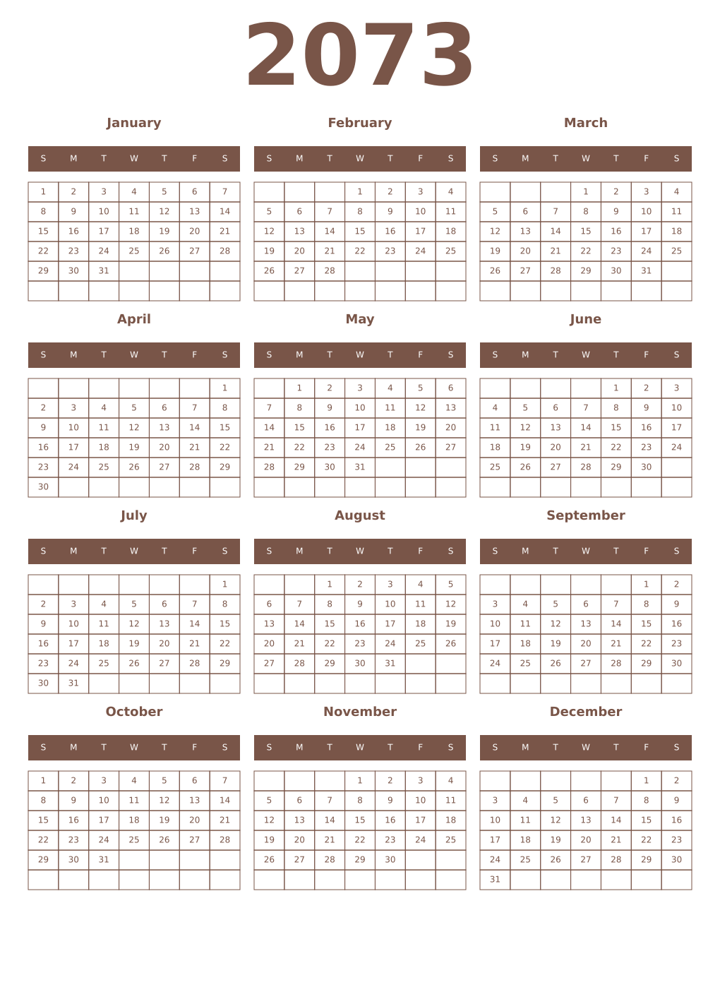 Printable 2073 Year Calendars coffe