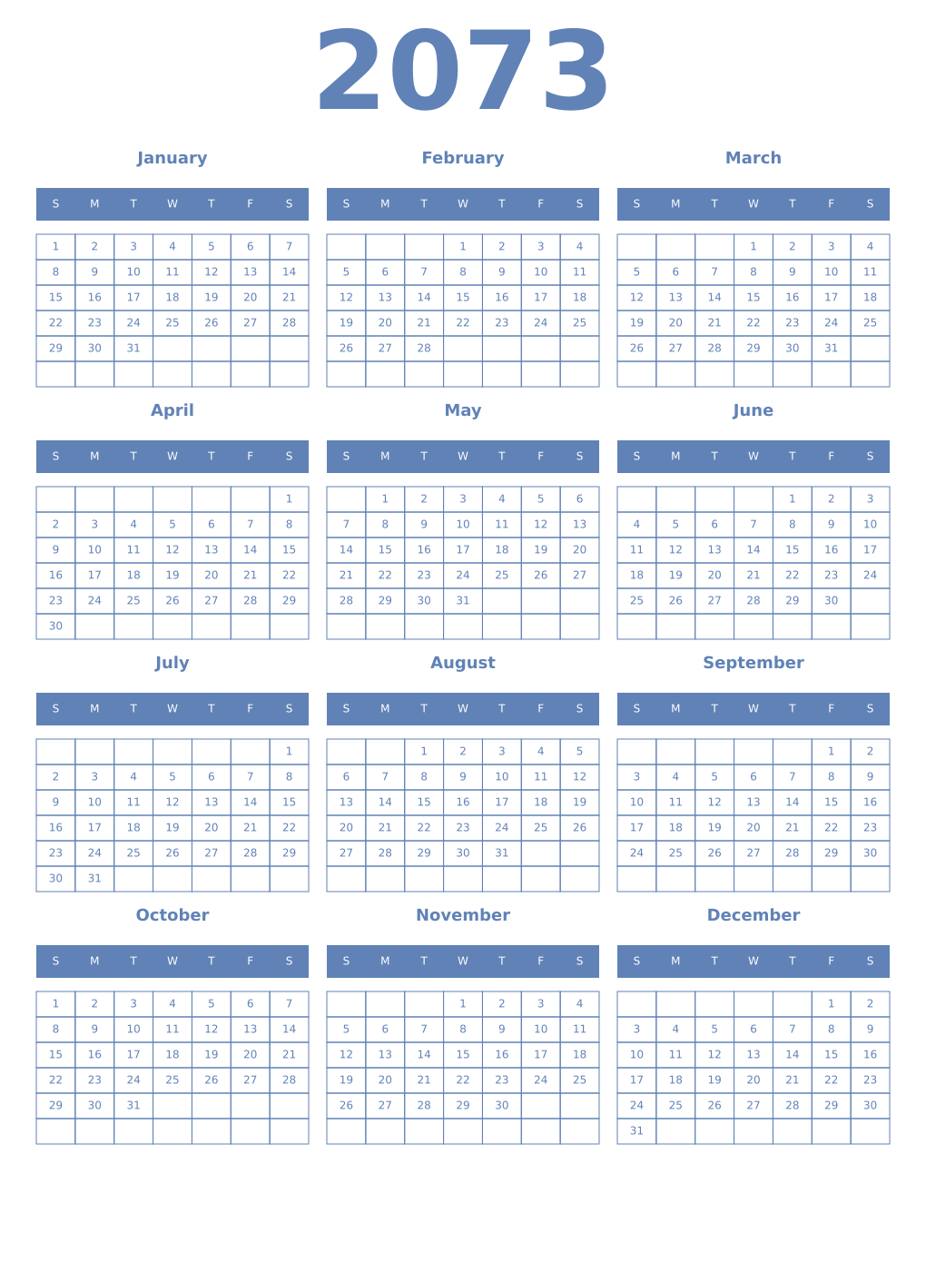 Printable 2073 Year Calendars glaucous