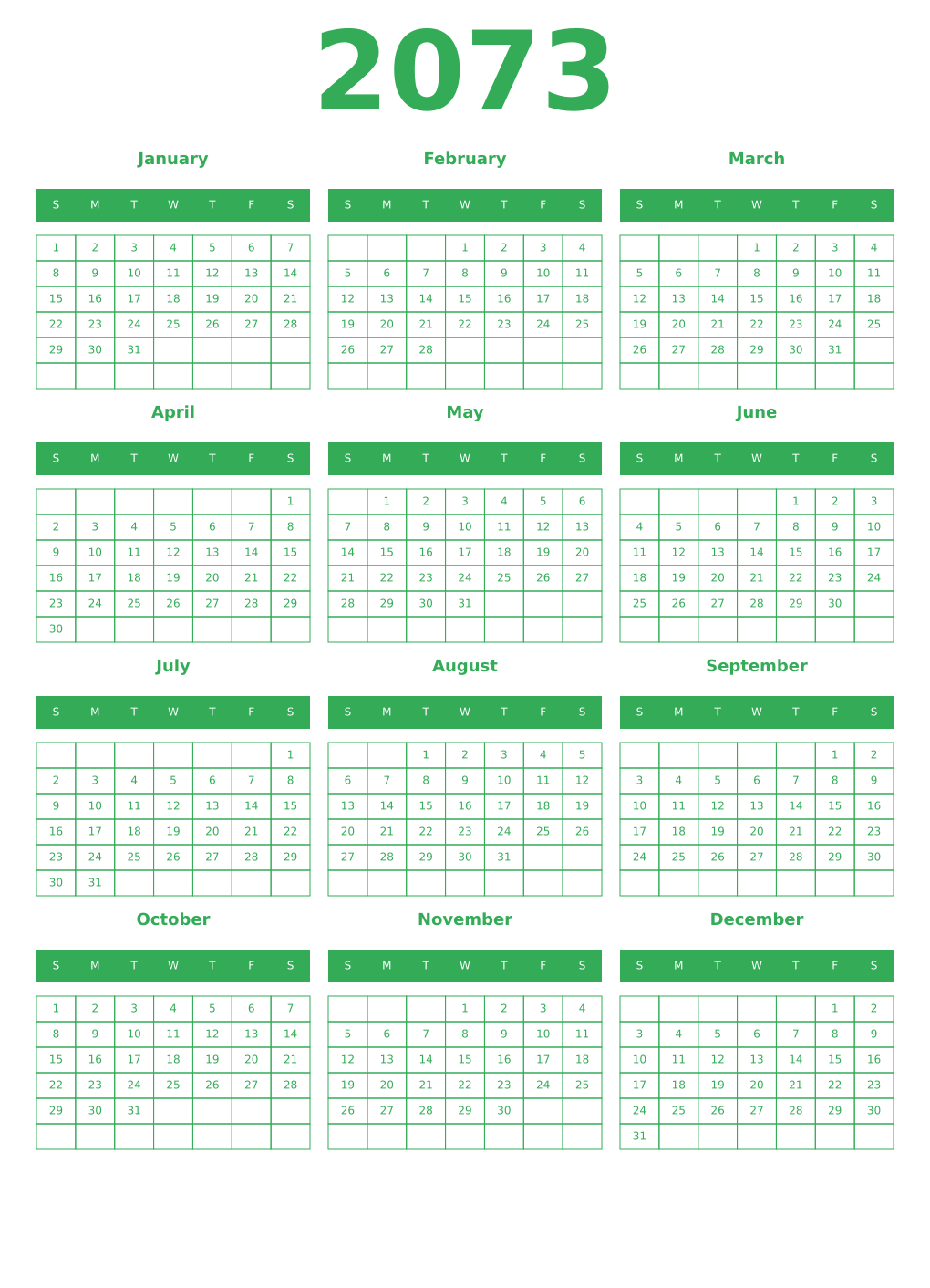 Printable 2073 Year Calendars green