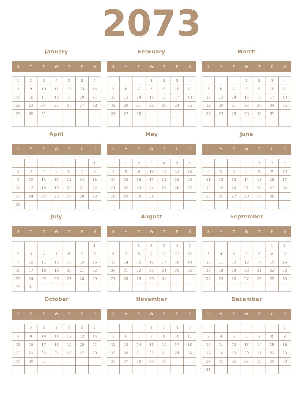 Printable 2073 Year Calendars isabelline