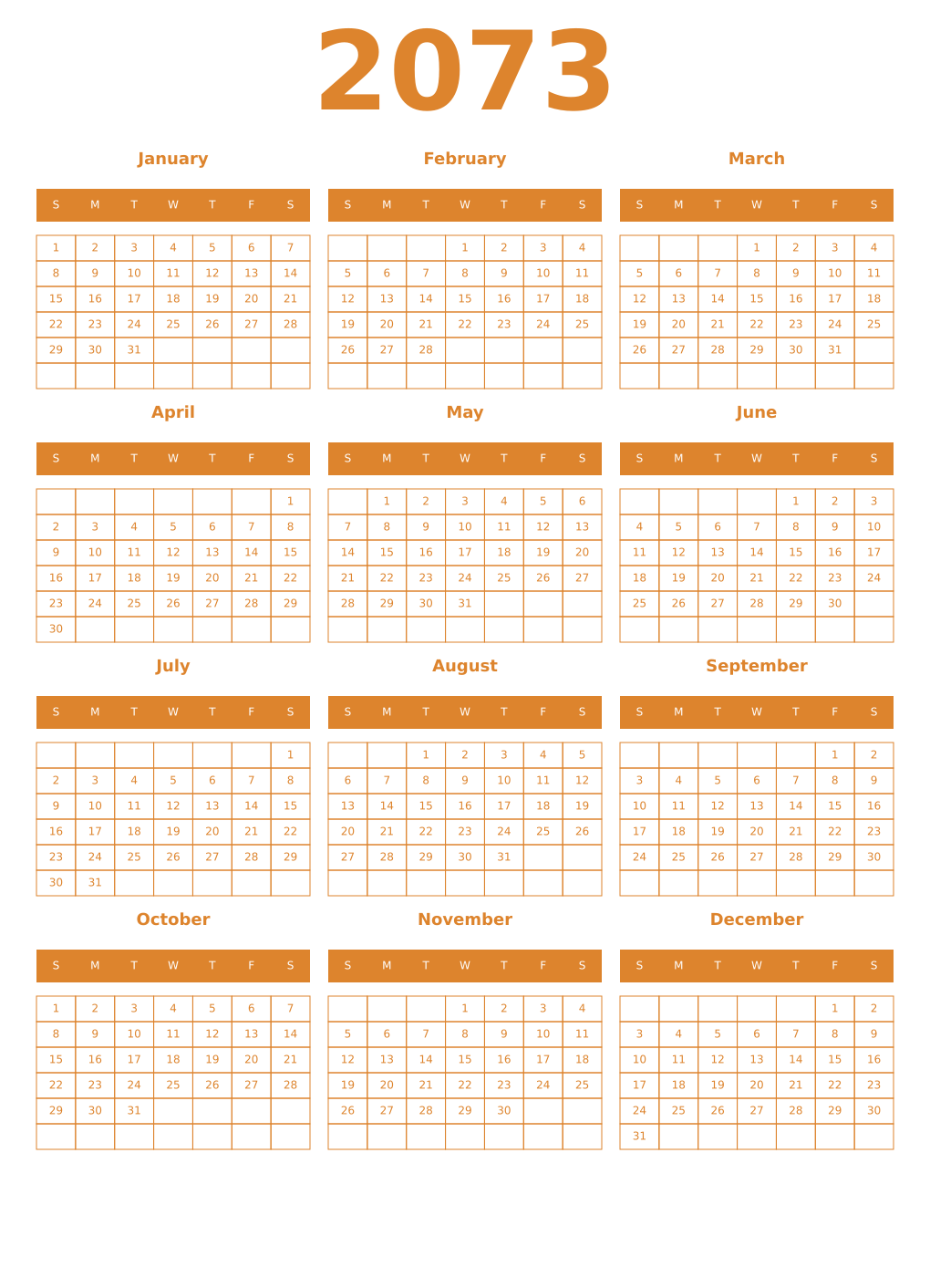 Printable 2073 Year Calendars orange