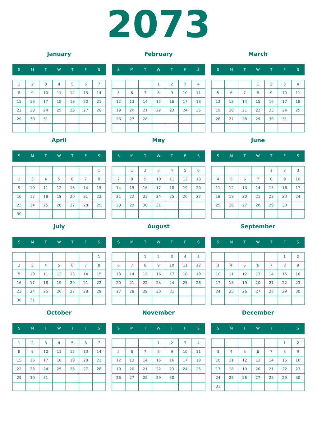 Printable 2073 Year Calendars pastel