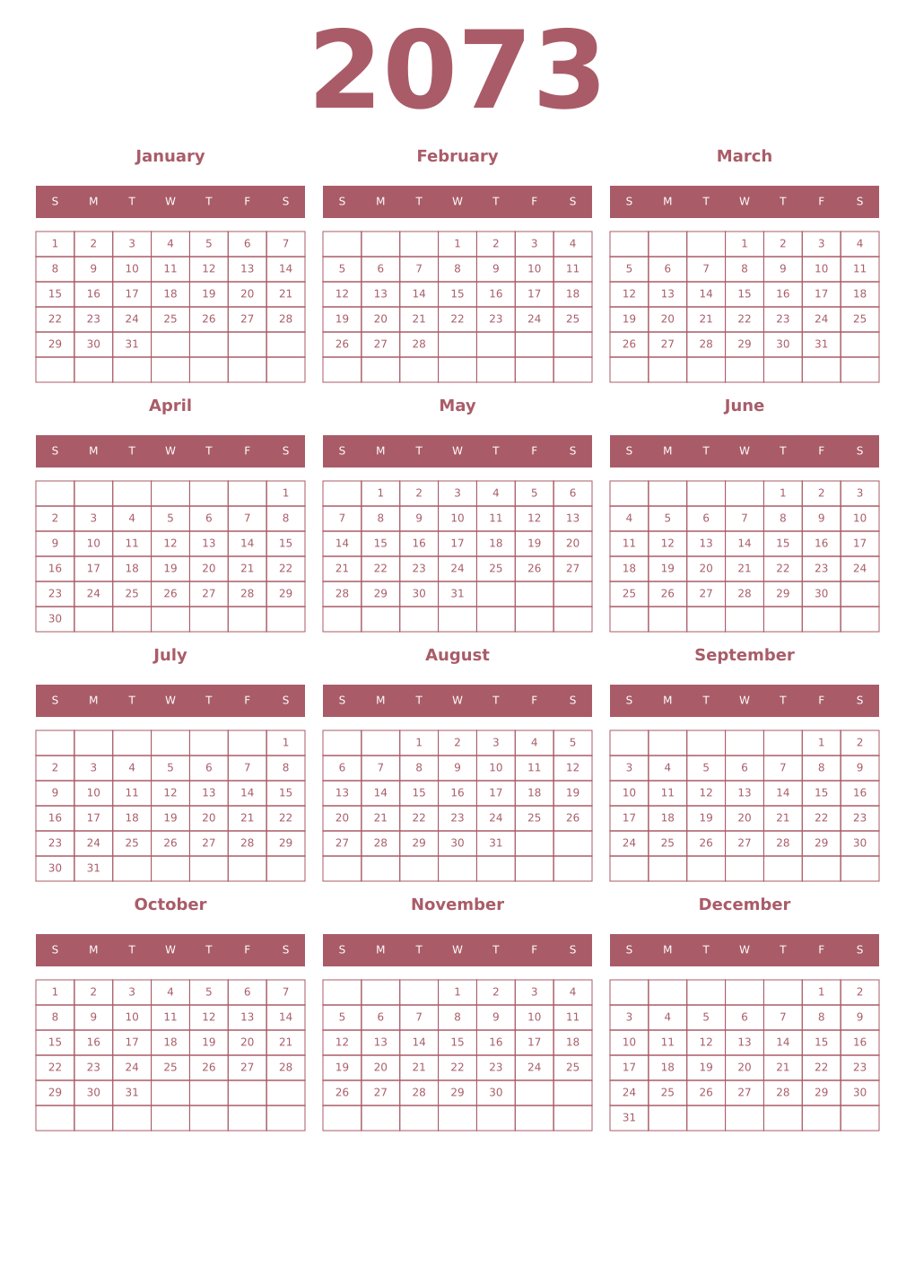 Printable 2073 Year Calendars puce