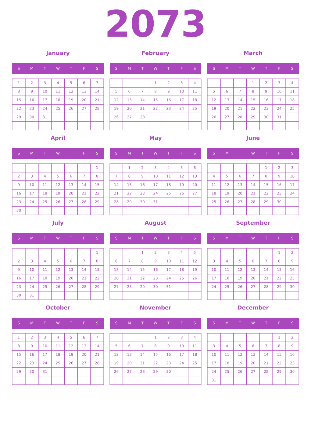 Printable 2073 Year Calendars purple