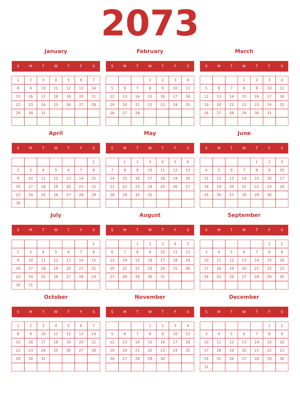 Printable 2073 Year Calendars red