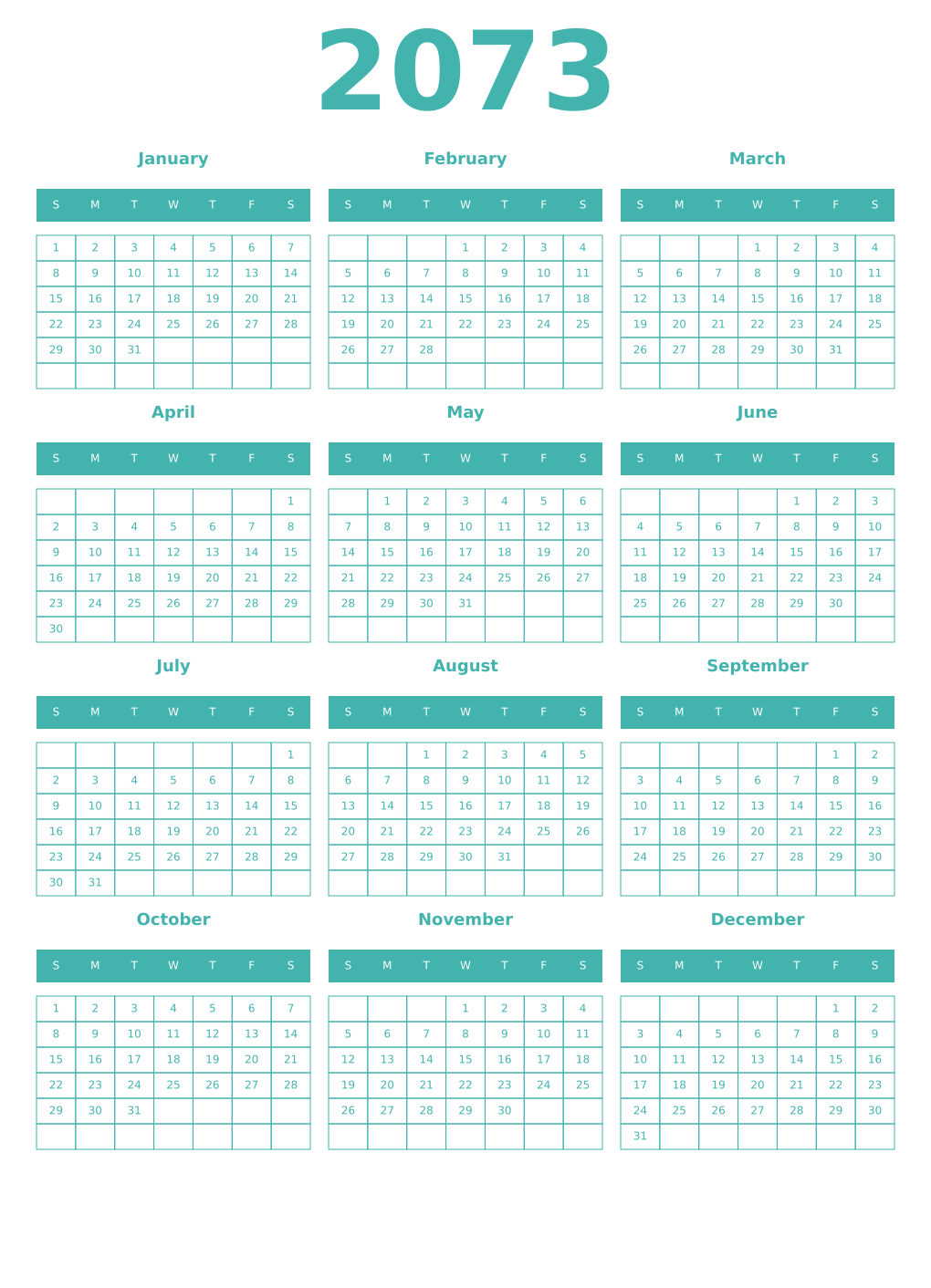 Printable 2073 Year Calendars verdigris