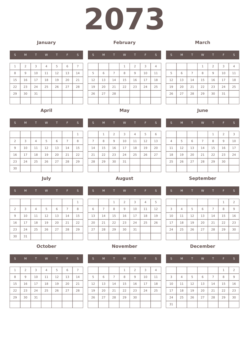 Printable 2073 Year Calendars wenge