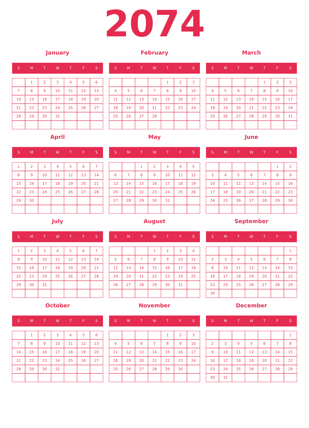 Printable 2074 Year Calendars amaranth