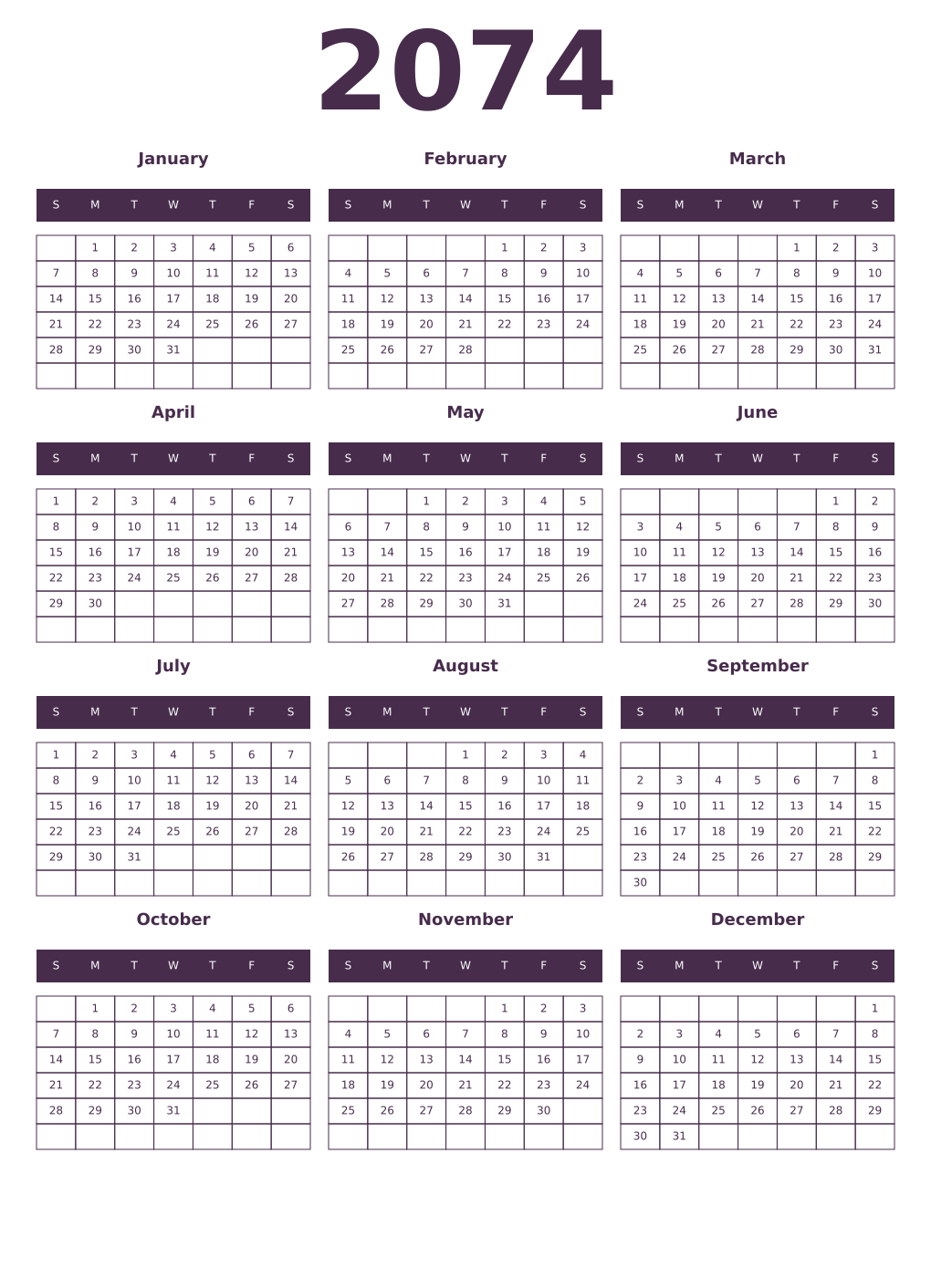 Printable 2074 Year Calendars aubergine
