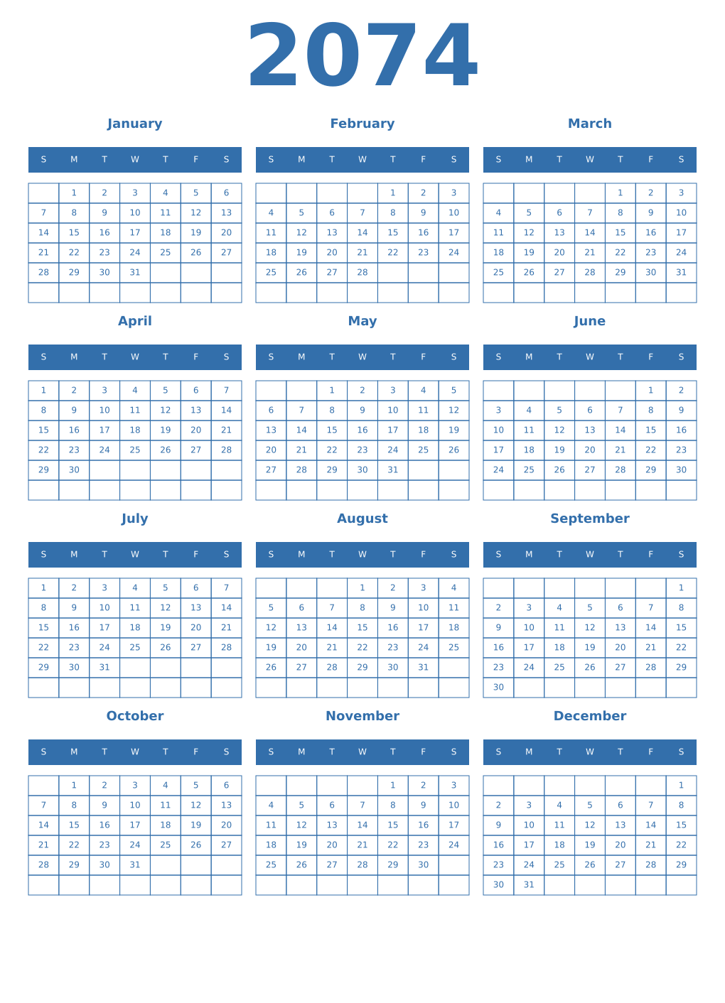 Printable 2074 Year Calendars blue