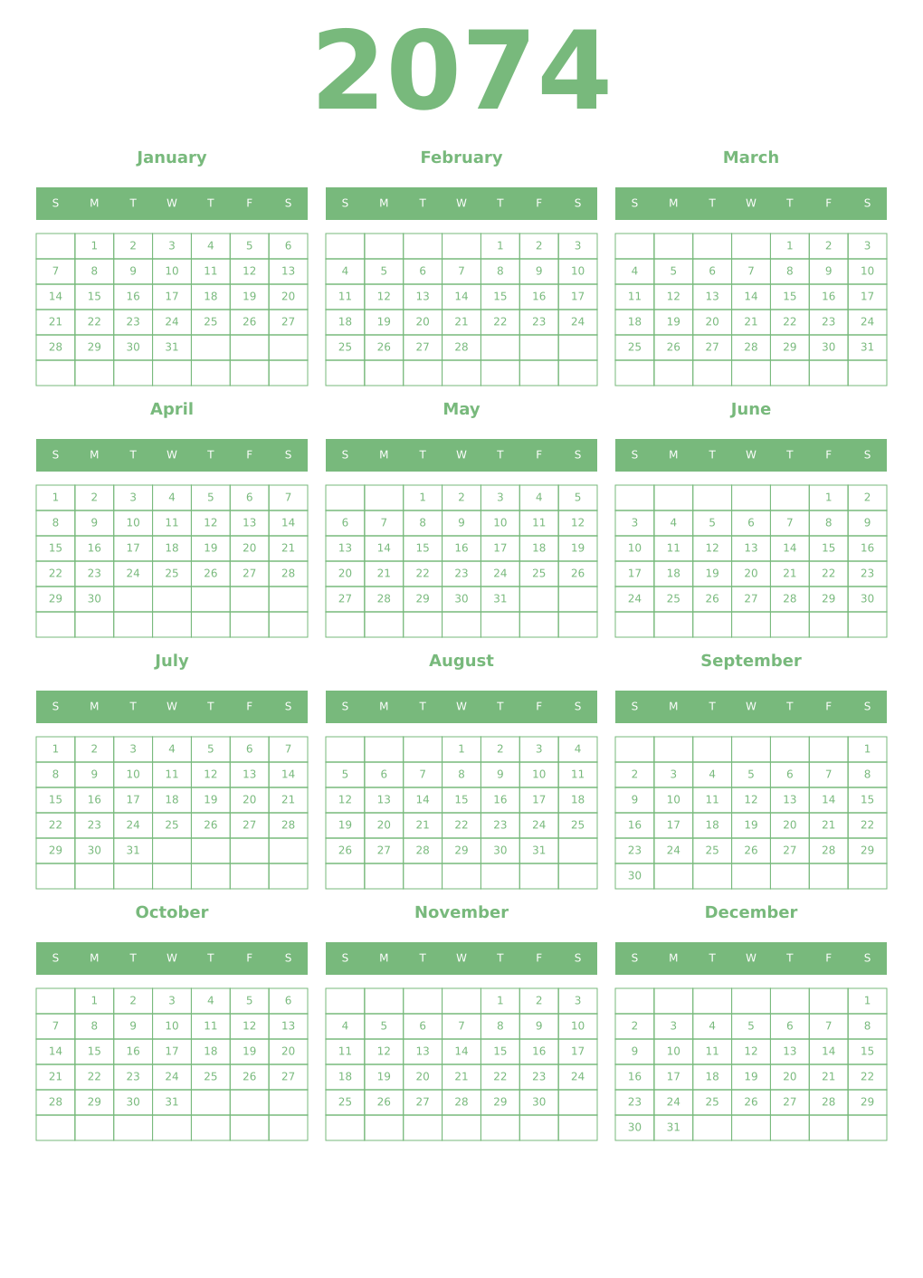 Printable 2074 Year Calendars celadon