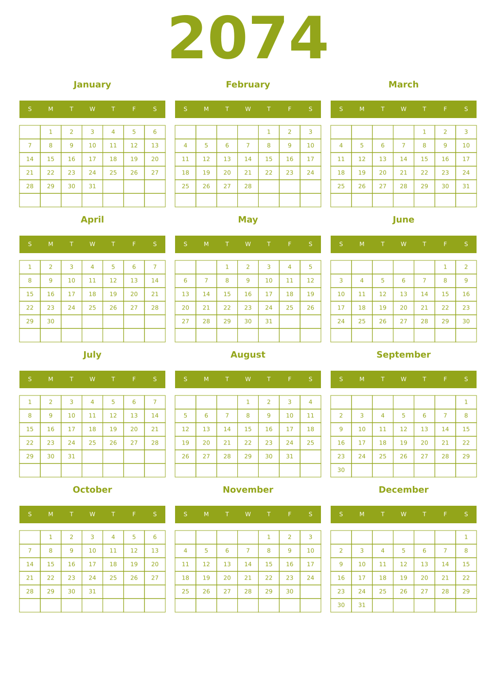 Printable 2074 Year Calendars chartreuse
