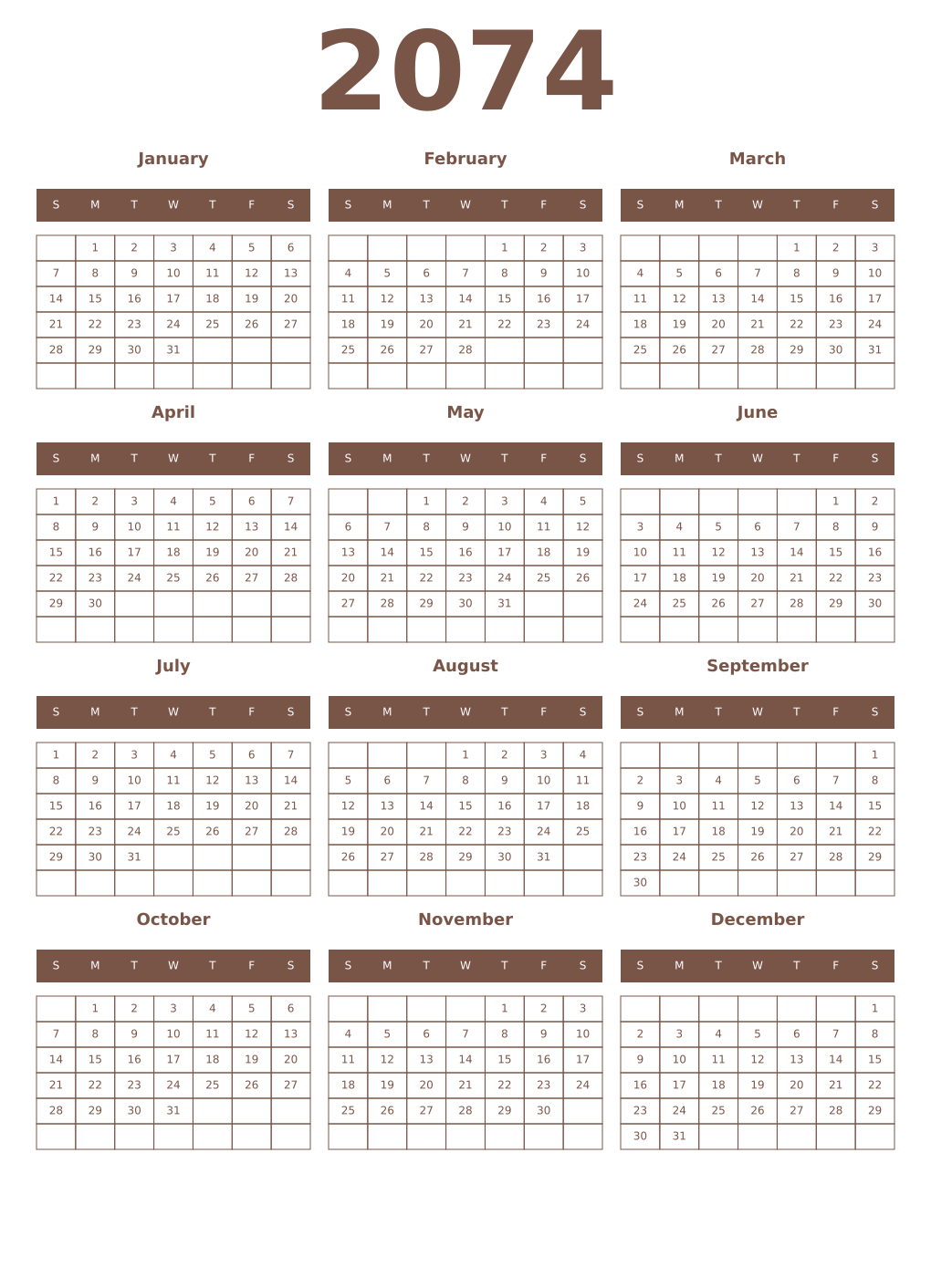 Printable 2074 Year Calendars coffe