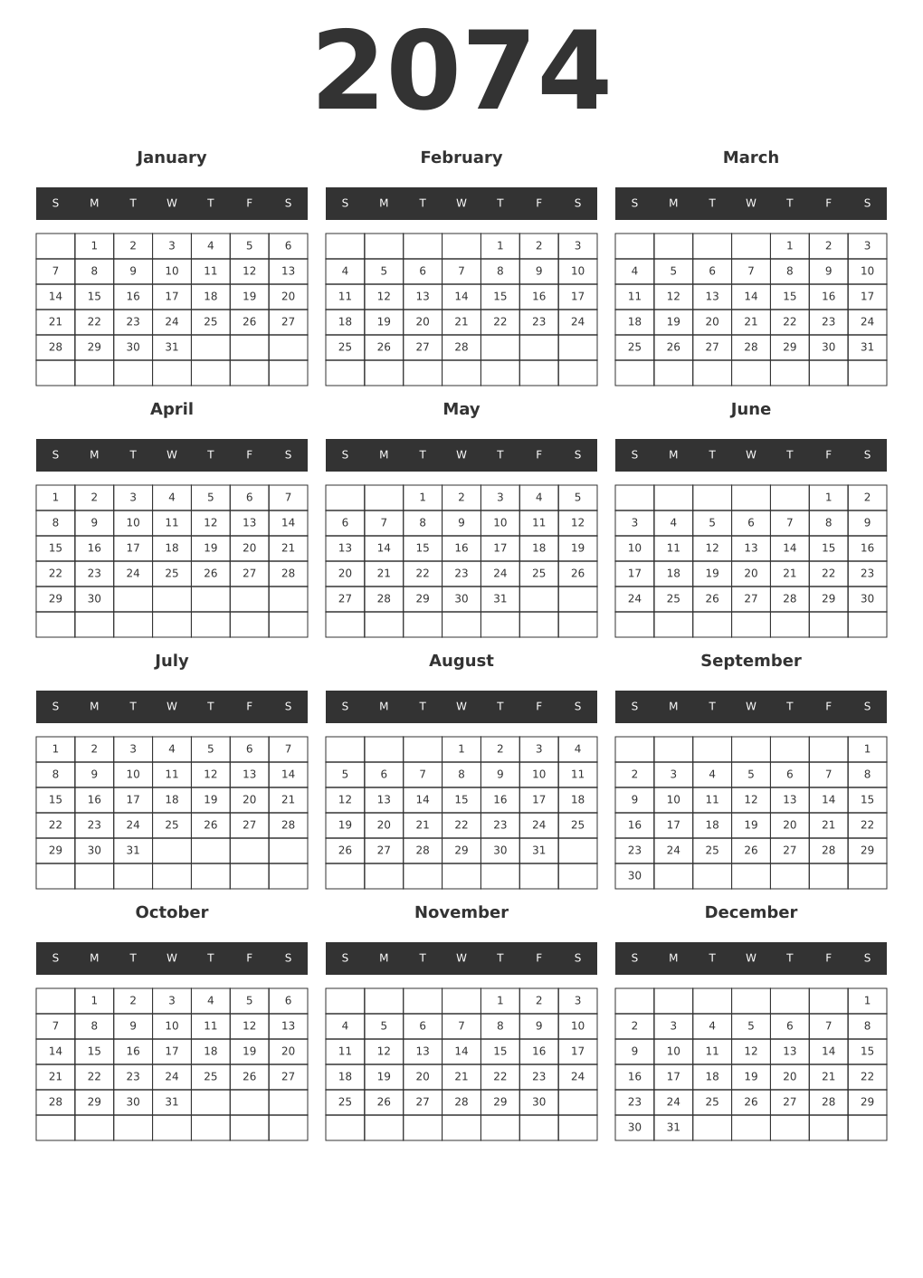 Printable 2074 Year Calendars dark