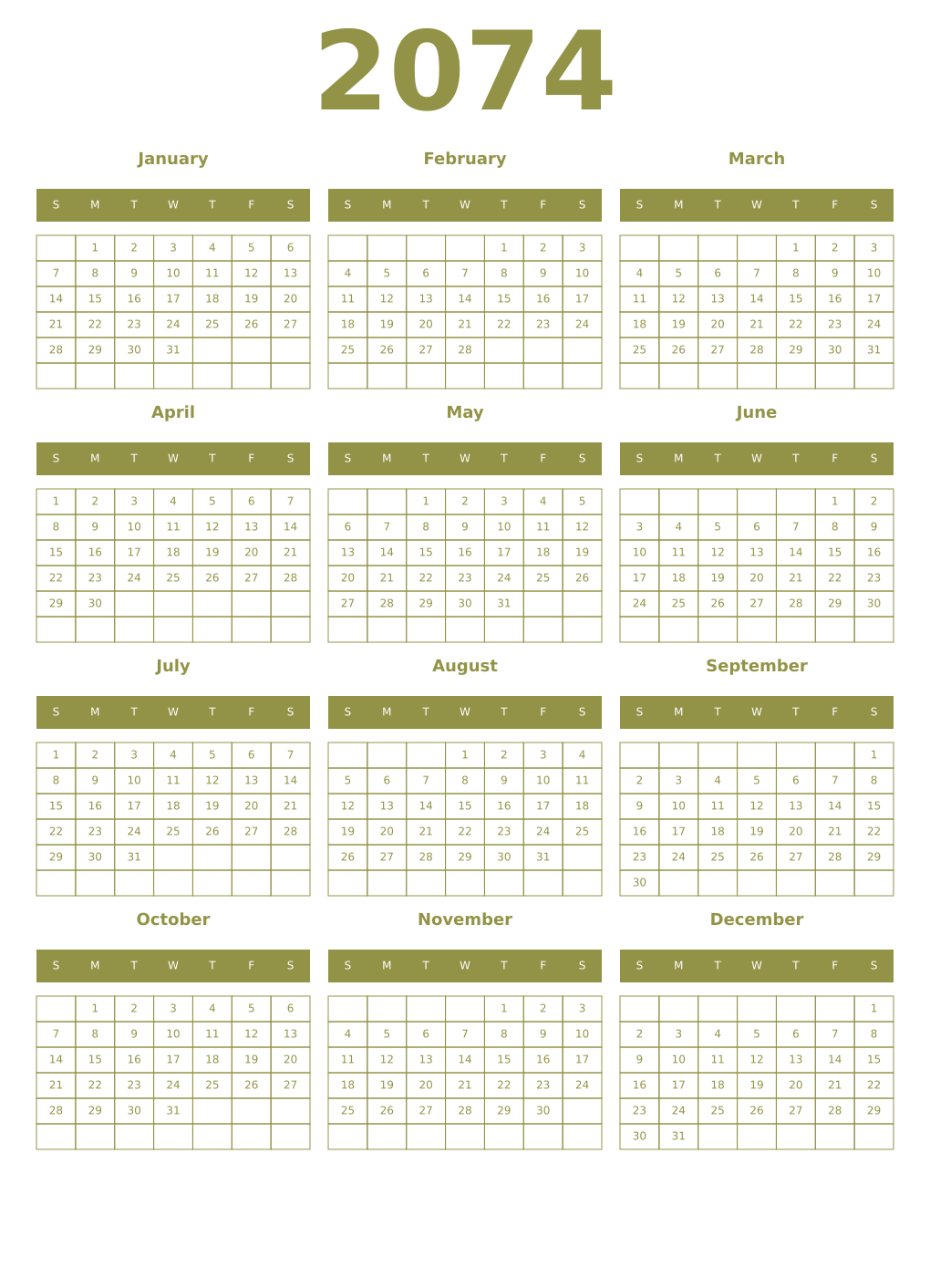 Printable 2074 Year Calendars eburnean
