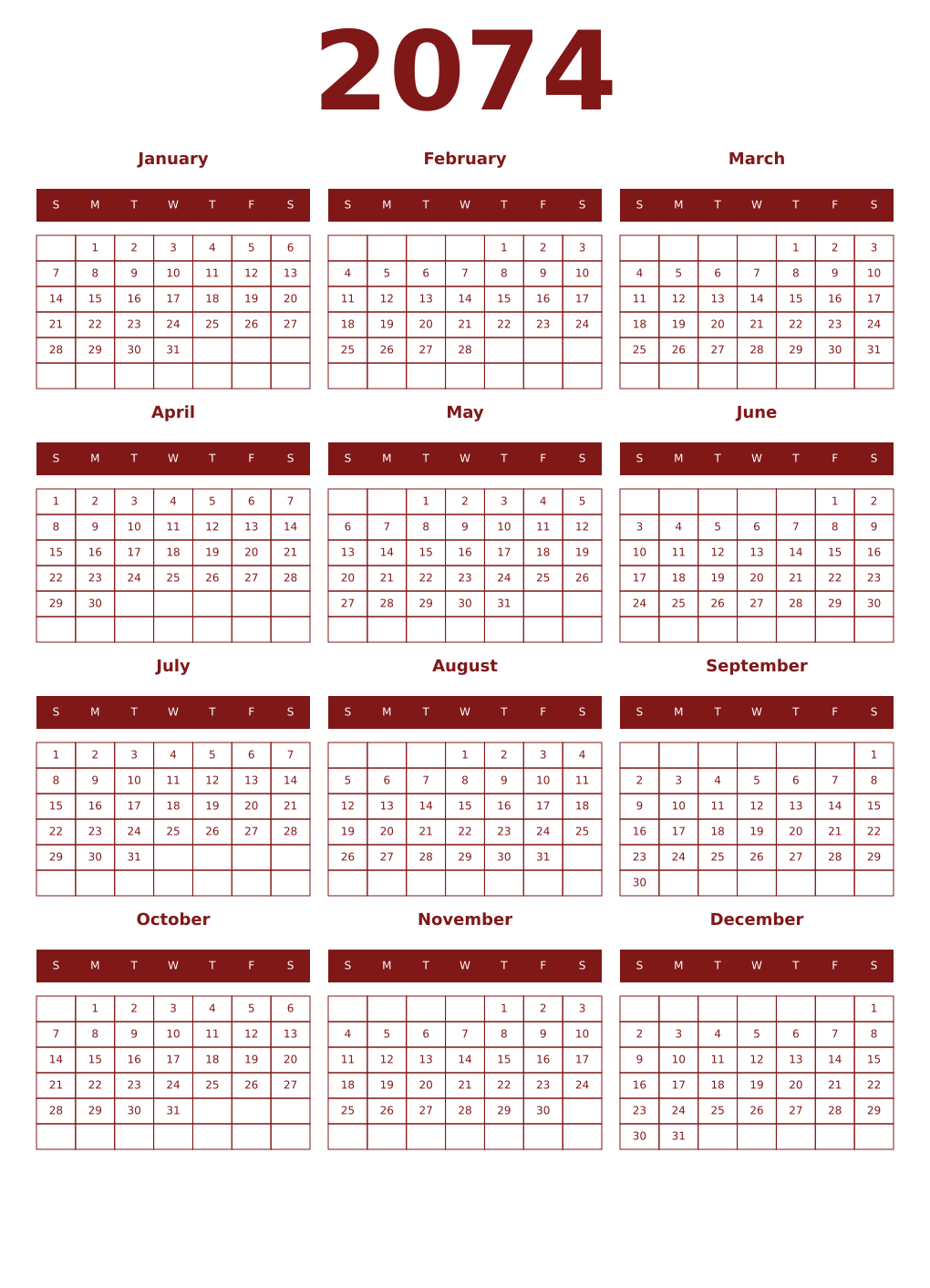 Printable 2074 Year Calendars falu