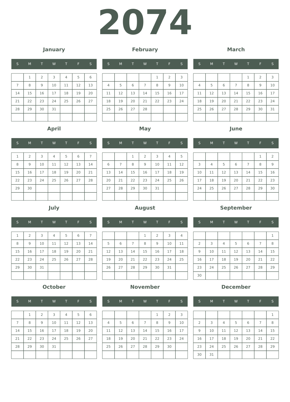 Printable 2074 Year Calendars feldgrau
