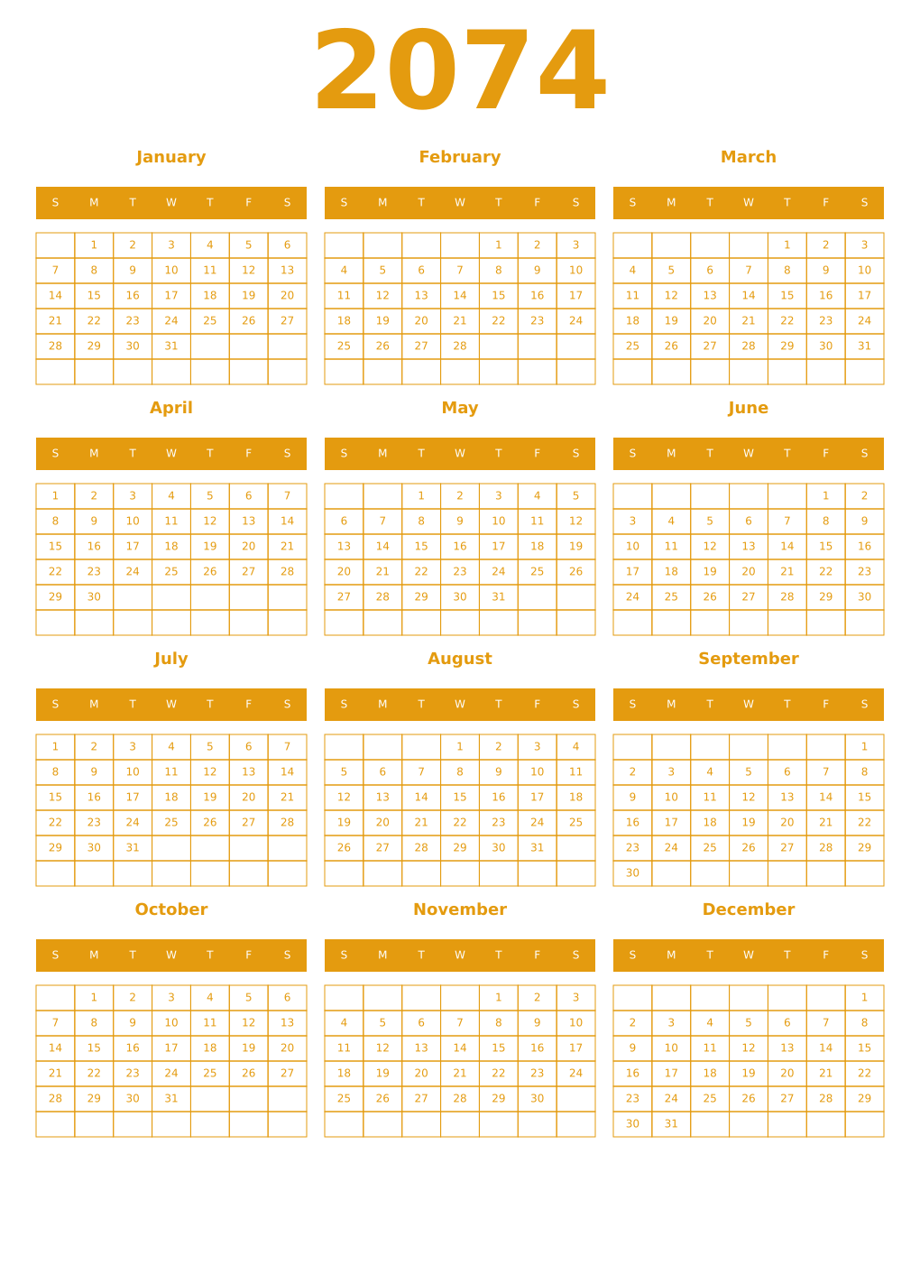 Printable 2074 Year Calendars gamboge