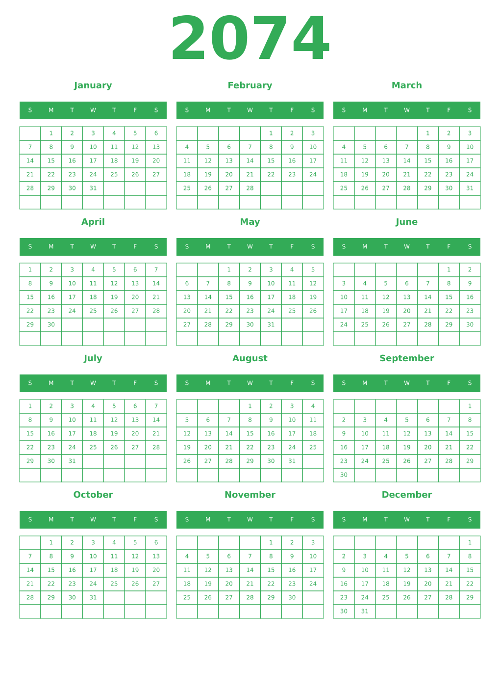 Printable 2074 Year Calendars green