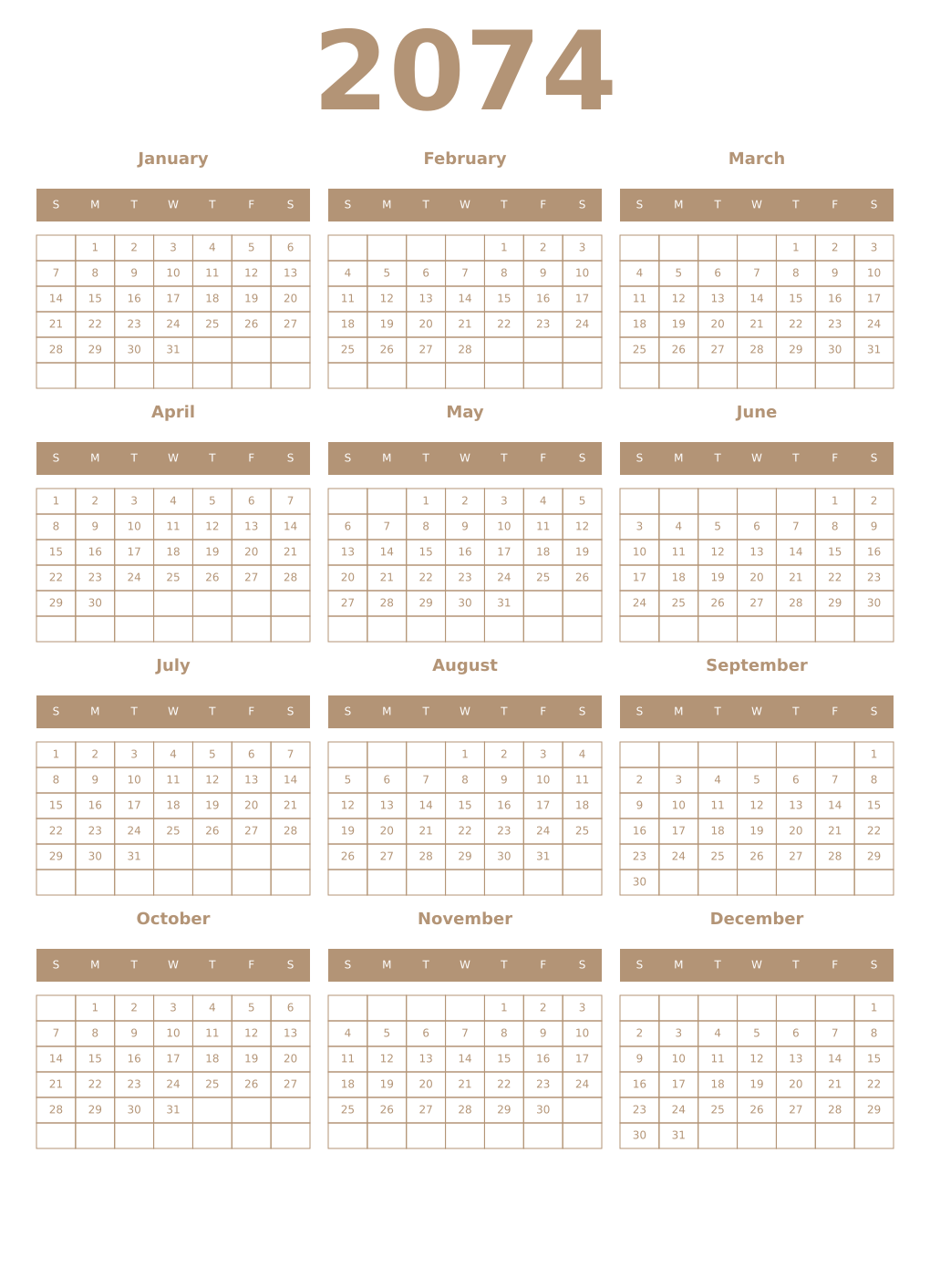 Printable 2074 Year Calendars isabelline