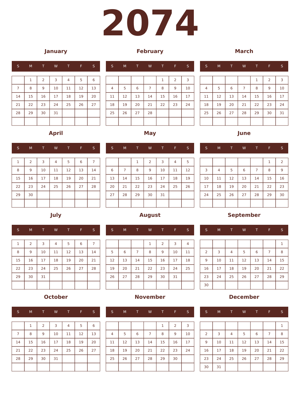 Printable 2074 Year Calendars mortuum
