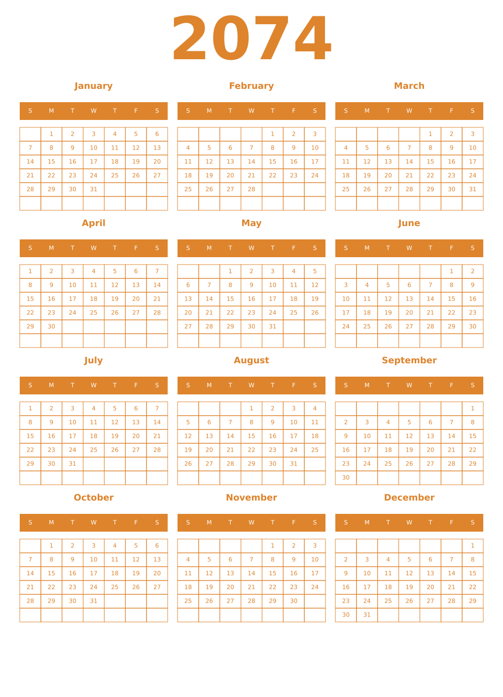 Printable 2074 Year Calendars orange