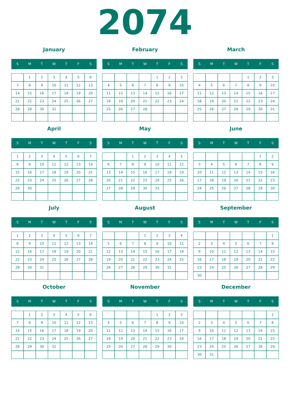 Printable 2074 Year Calendars pastel
