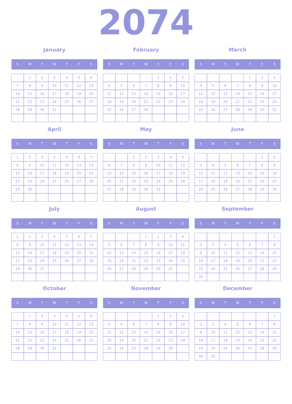 Printable 2074 Year Calendars periwinkle