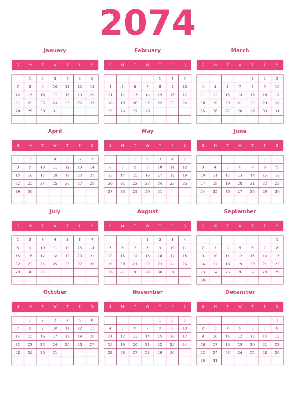 Printable 2074 Year Calendars pink