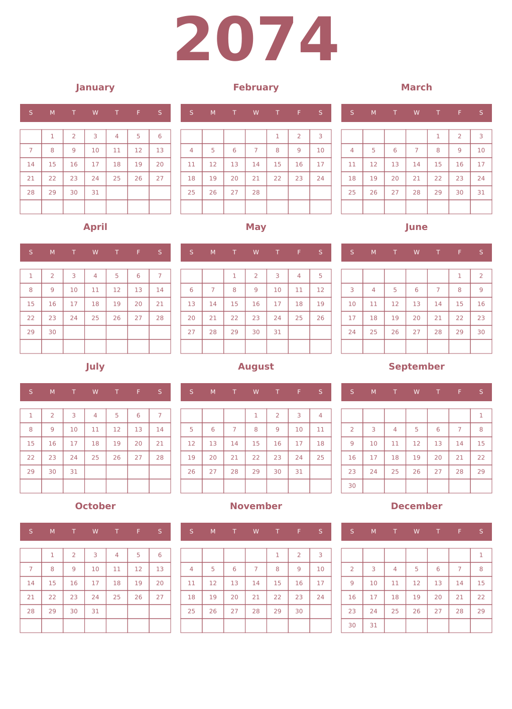 Printable 2074 Year Calendars puce
