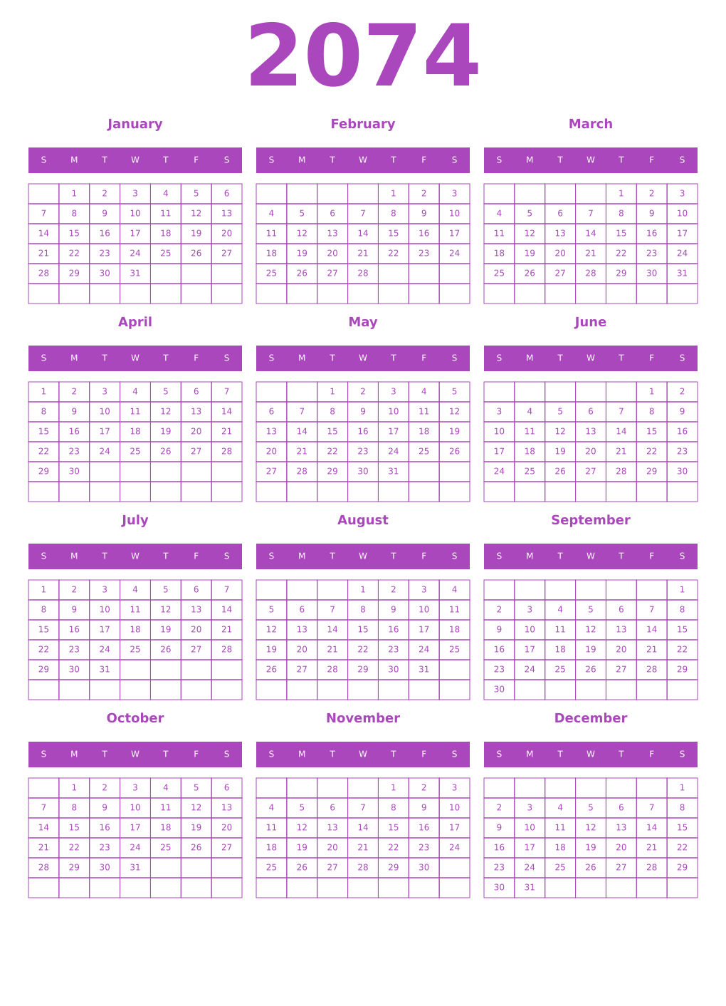 Printable 2074 Year Calendars purple