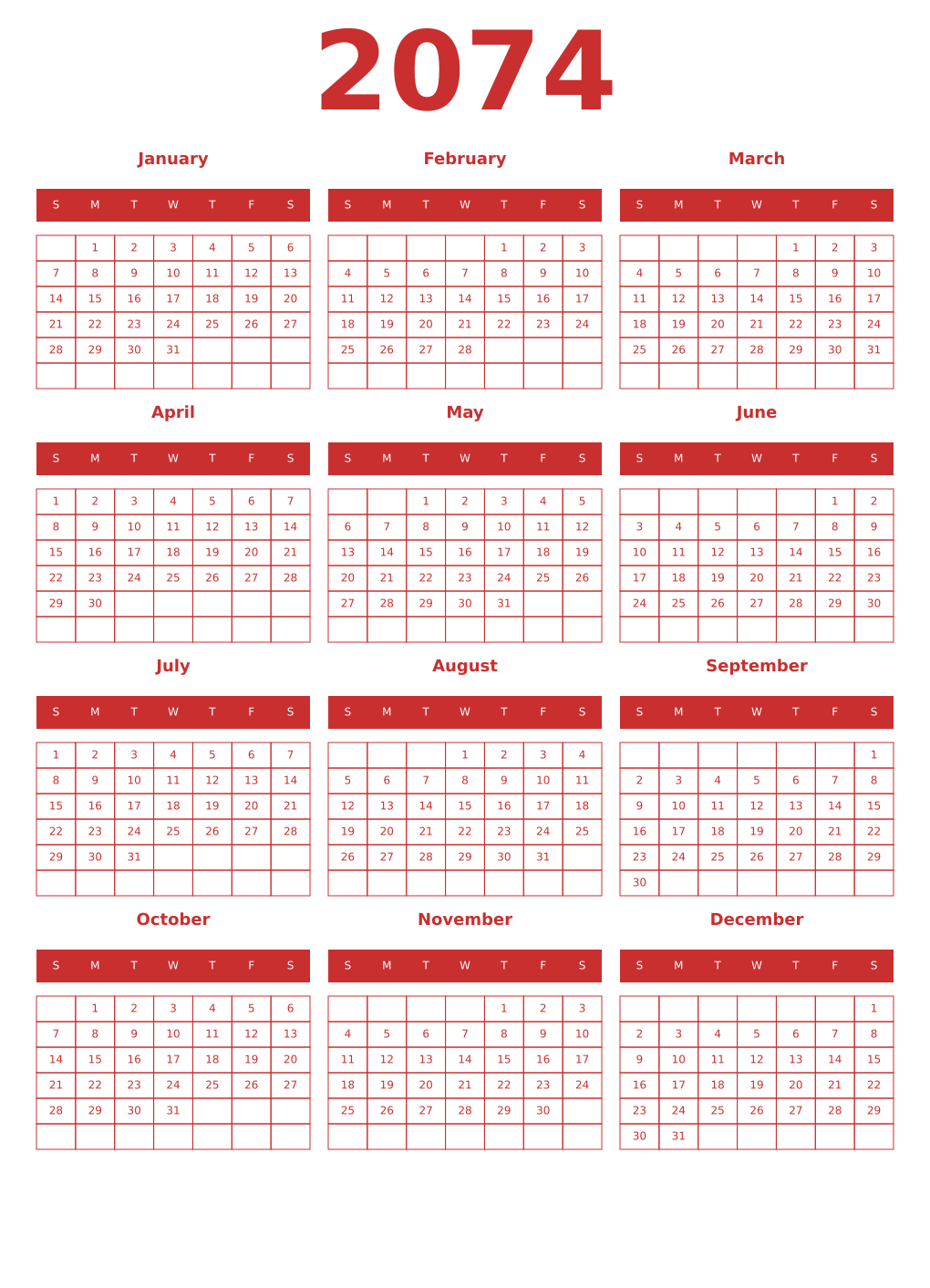 Printable 2074 Year Calendars red