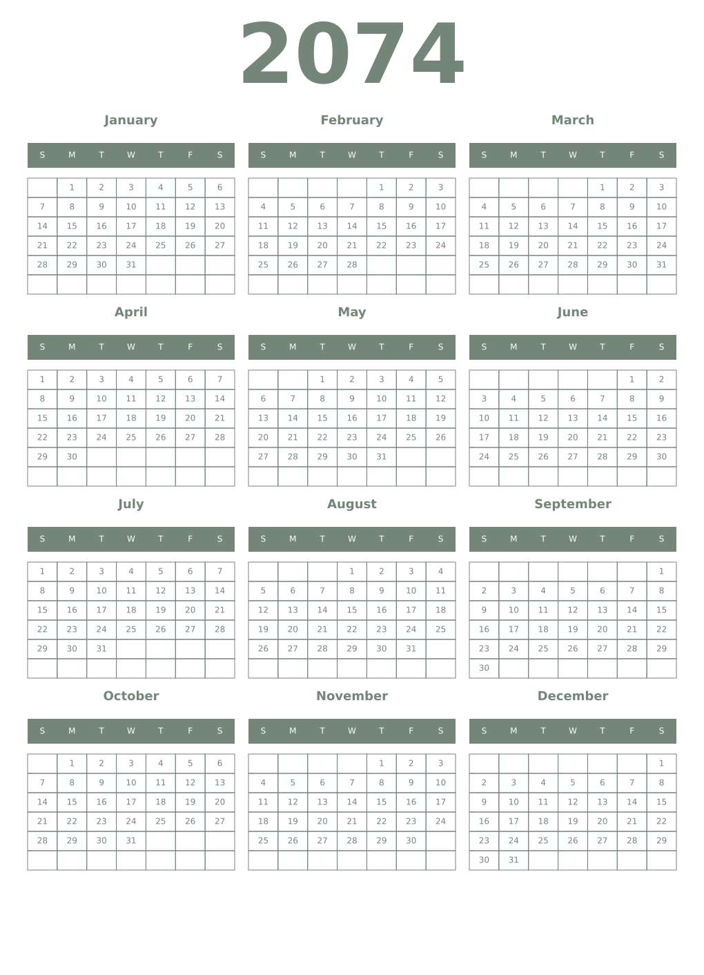 Printable 2074 Year Calendars xanadu