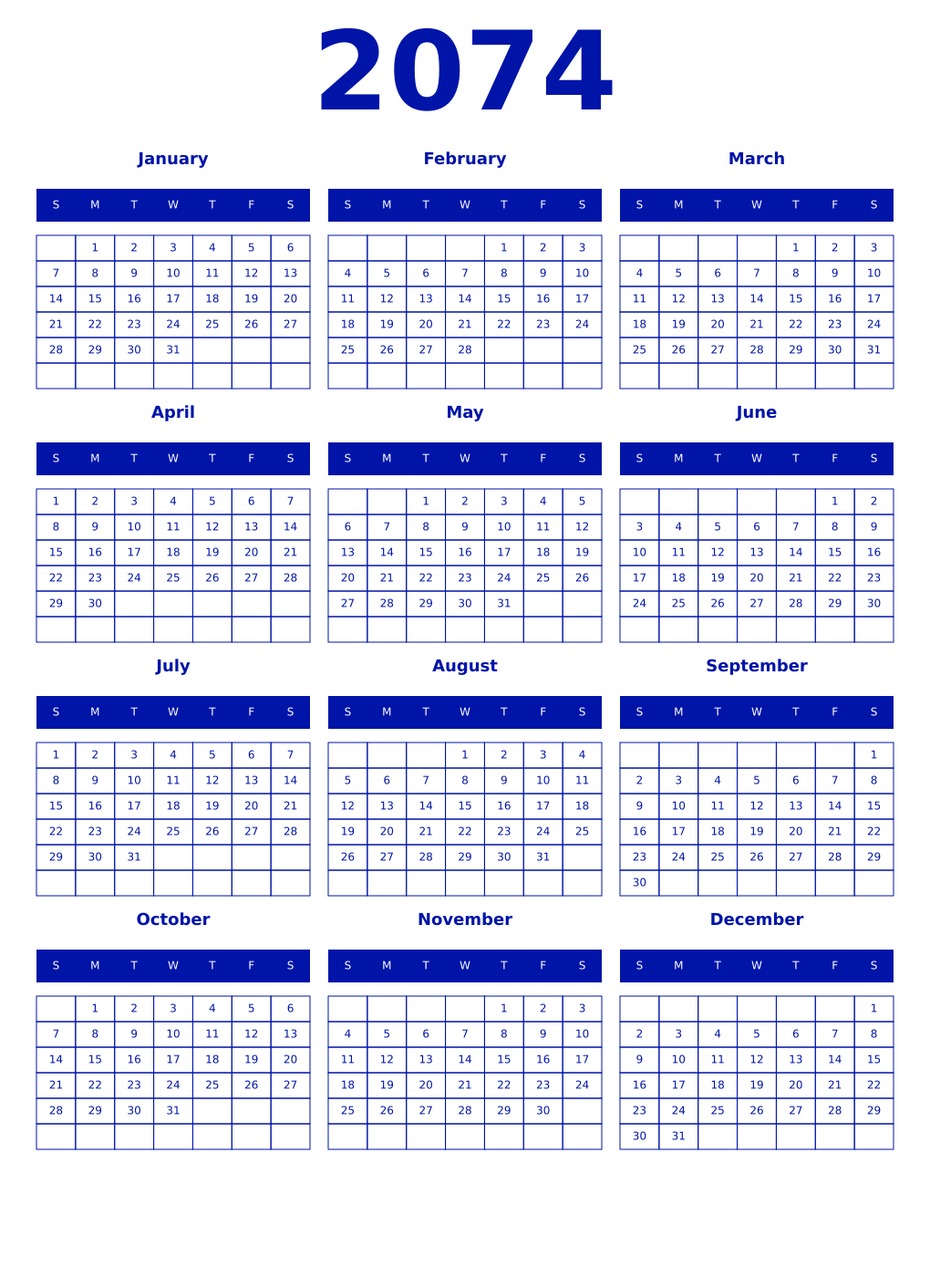 Printable 2074 Year Calendars zaffre