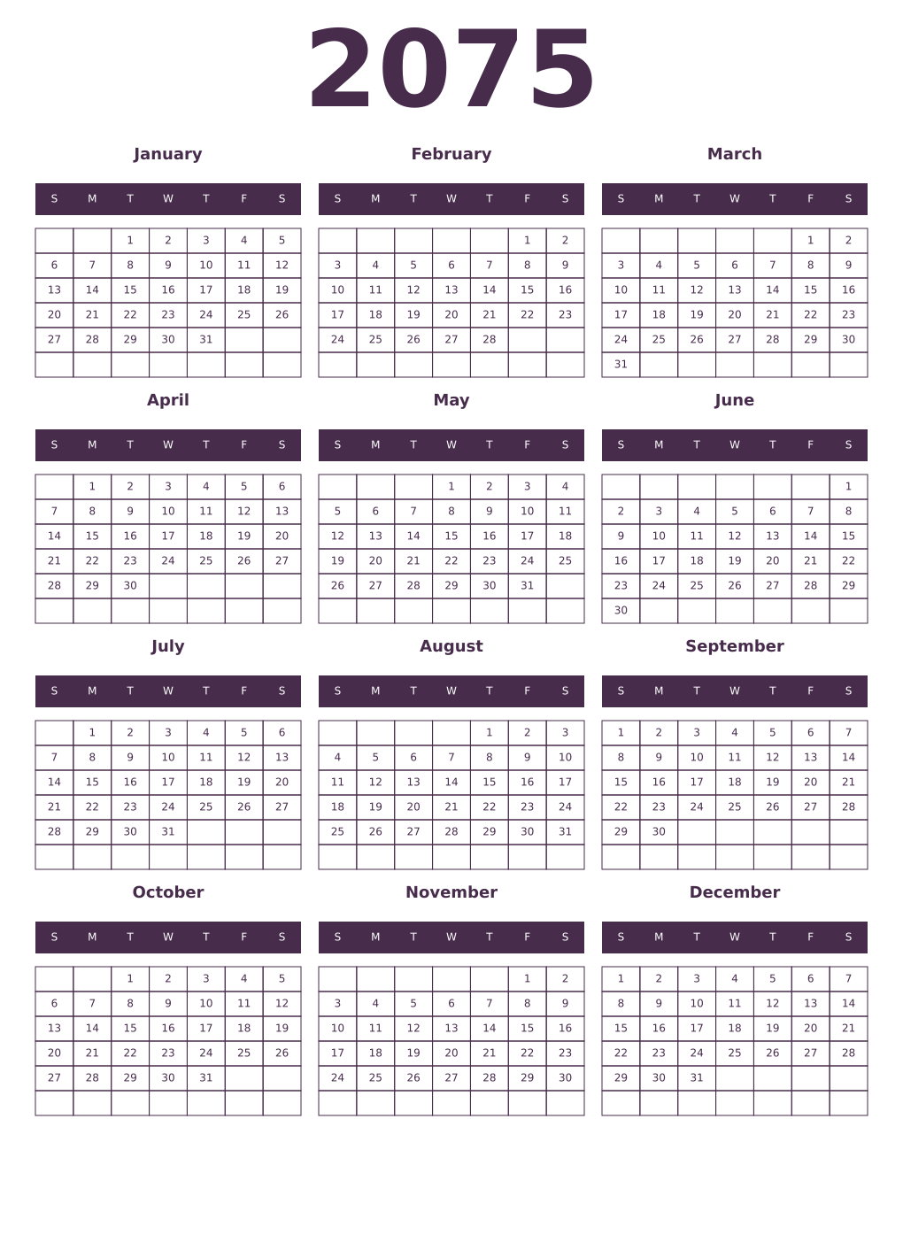 Printable 2075 Year Calendars aubergine