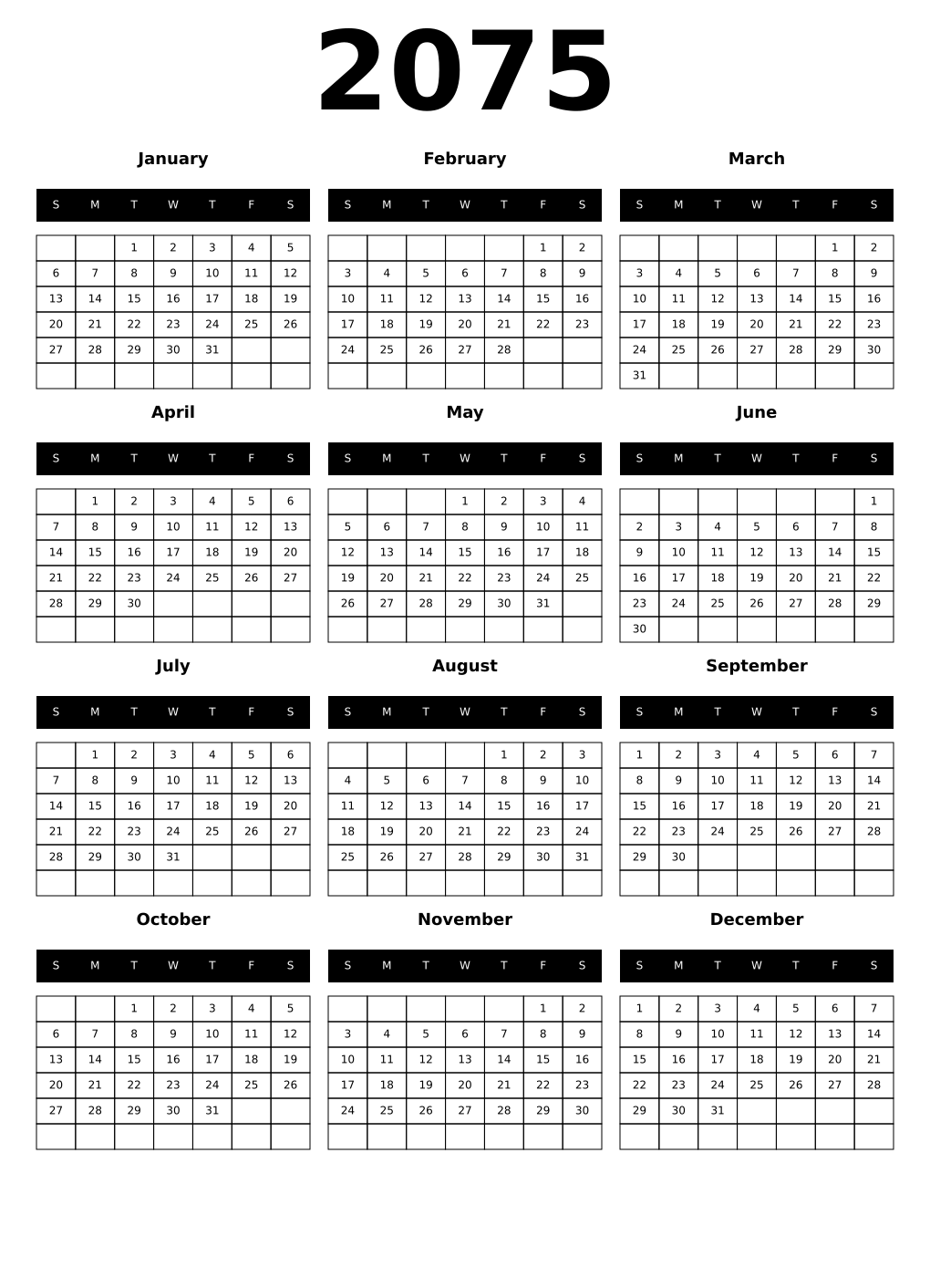 Printable 2075 Year Calendars black