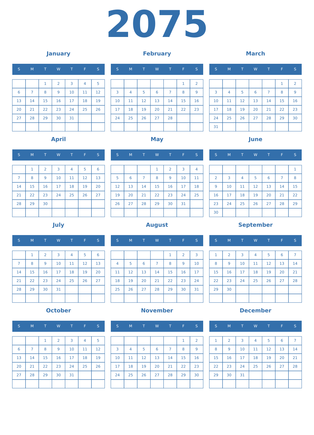 Printable 2075 Year Calendars blue