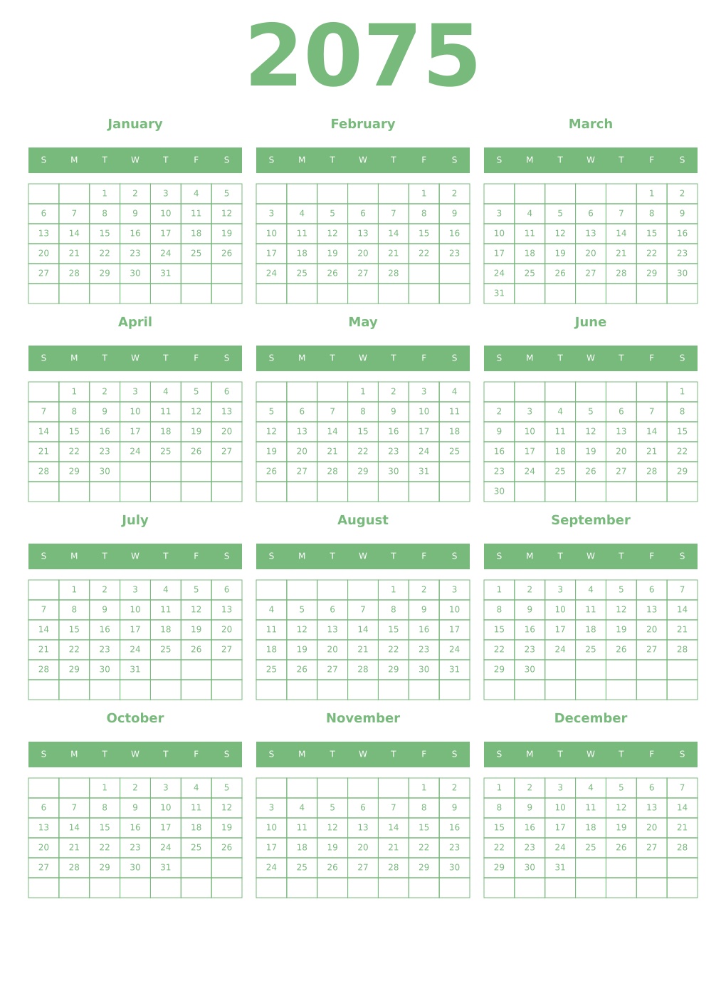Printable 2075 Year Calendars celadon