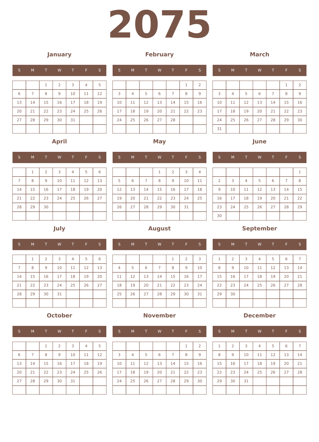 Printable 2075 Year Calendars coffe