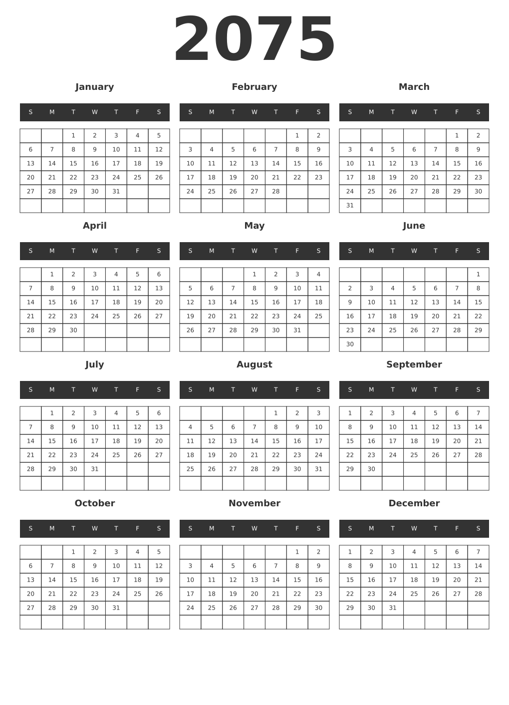 Printable 2075 Year Calendars dark