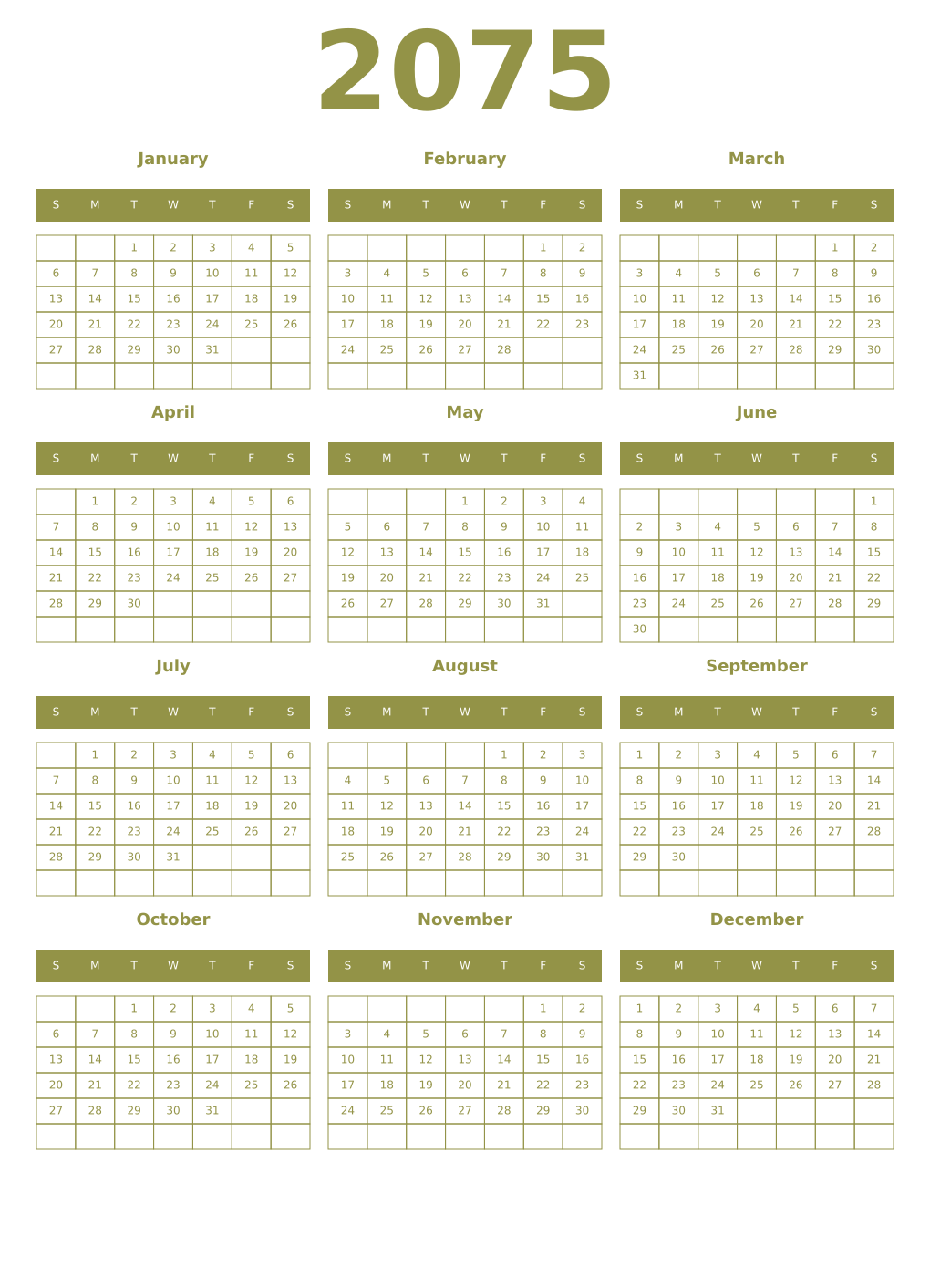 Printable 2075 Year Calendars eburnean