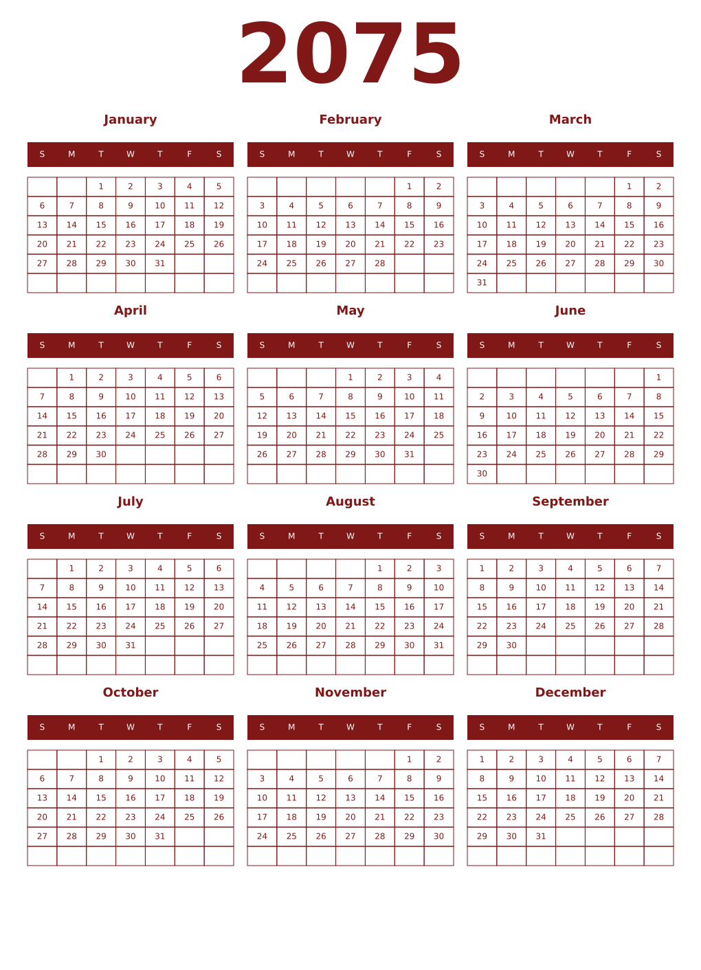 Printable 2075 Year Calendars falu