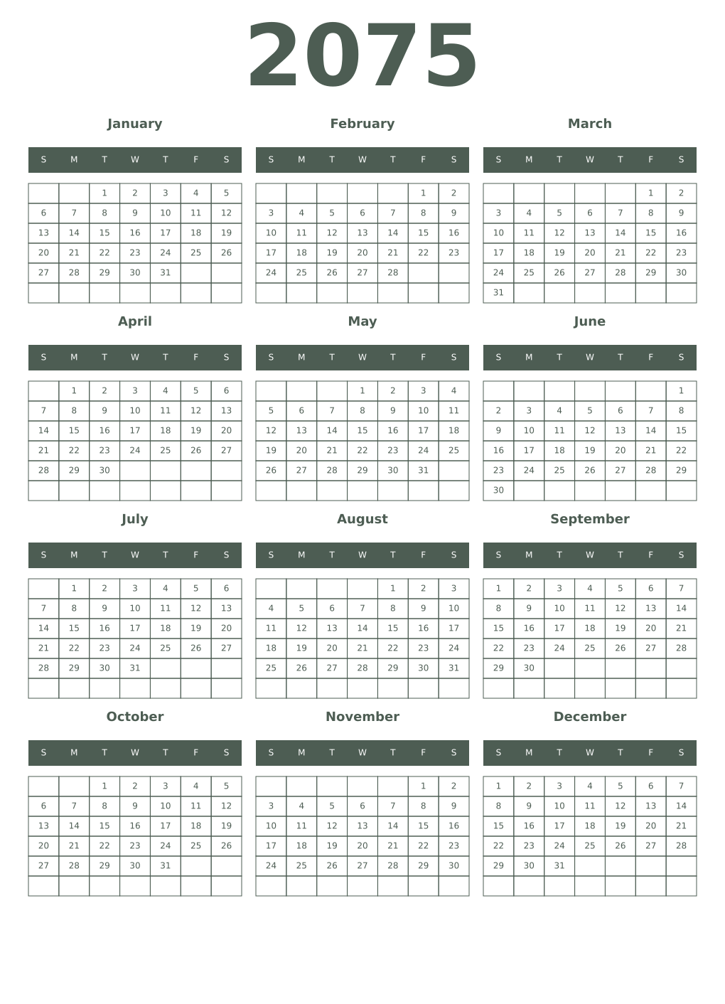 Printable 2075 Year Calendars feldgrau