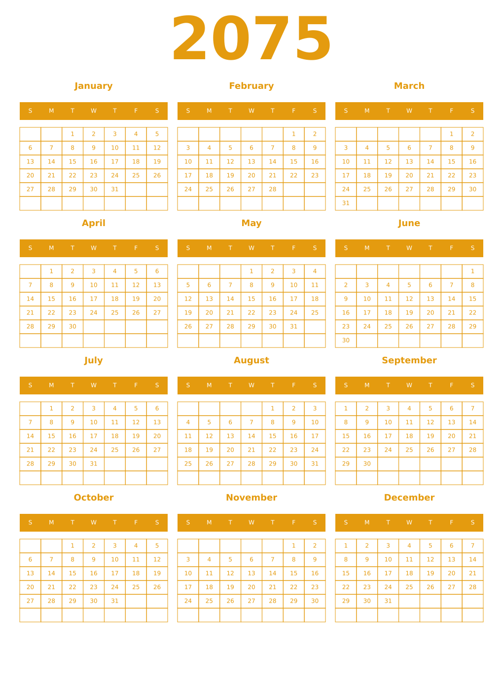 Printable 2075 Year Calendars gamboge