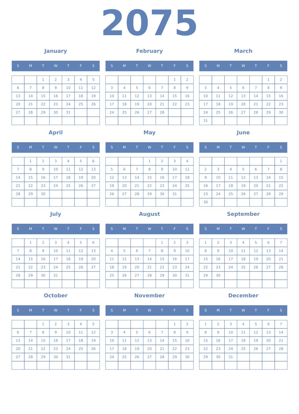 Printable 2075 Year Calendars glaucous