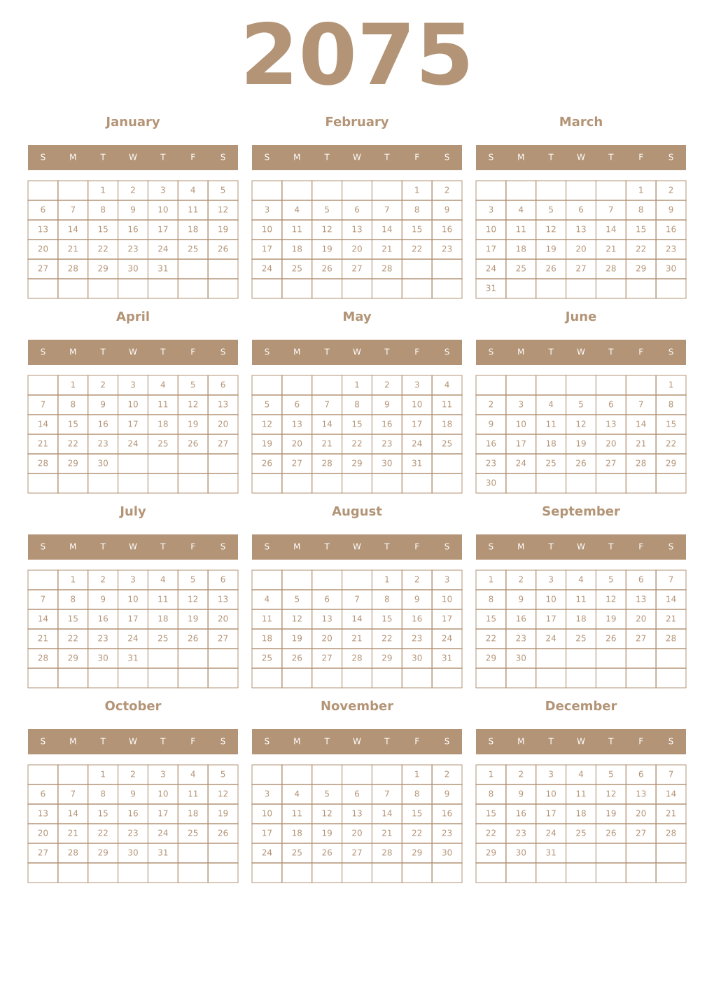 Printable 2075 Year Calendars isabelline