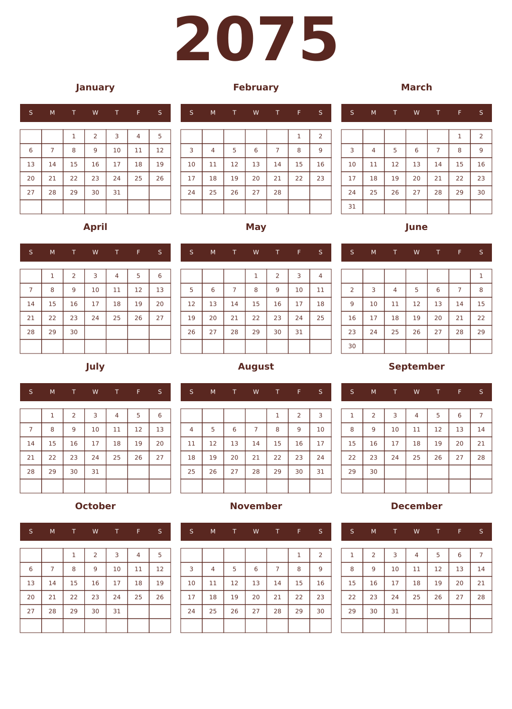 Printable 2075 Year Calendars mortuum